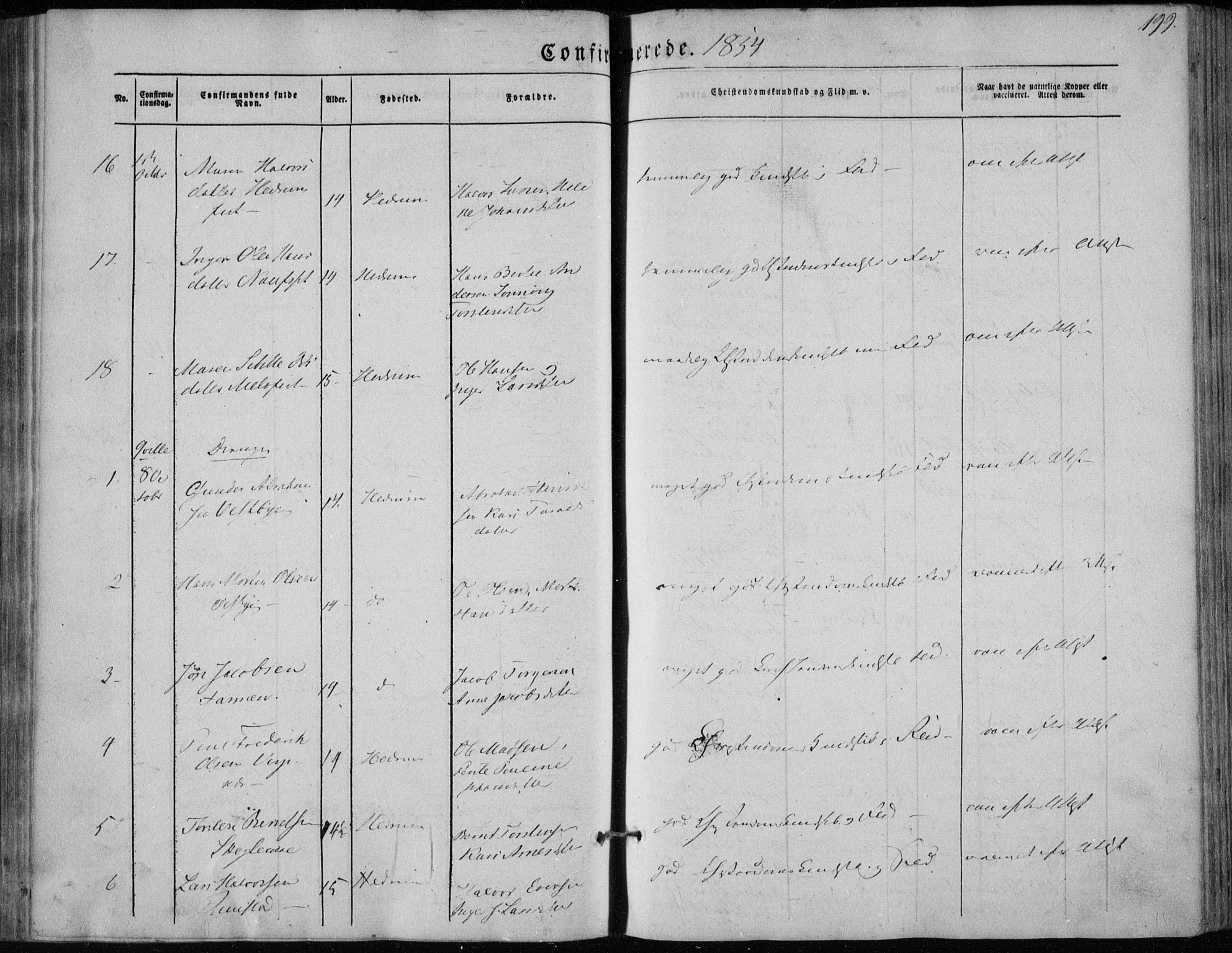 Hedrum kirkebøker, AV/SAKO-A-344/F/Fa/L0006: Parish register (official) no. I 6, 1849-1857, p. 199