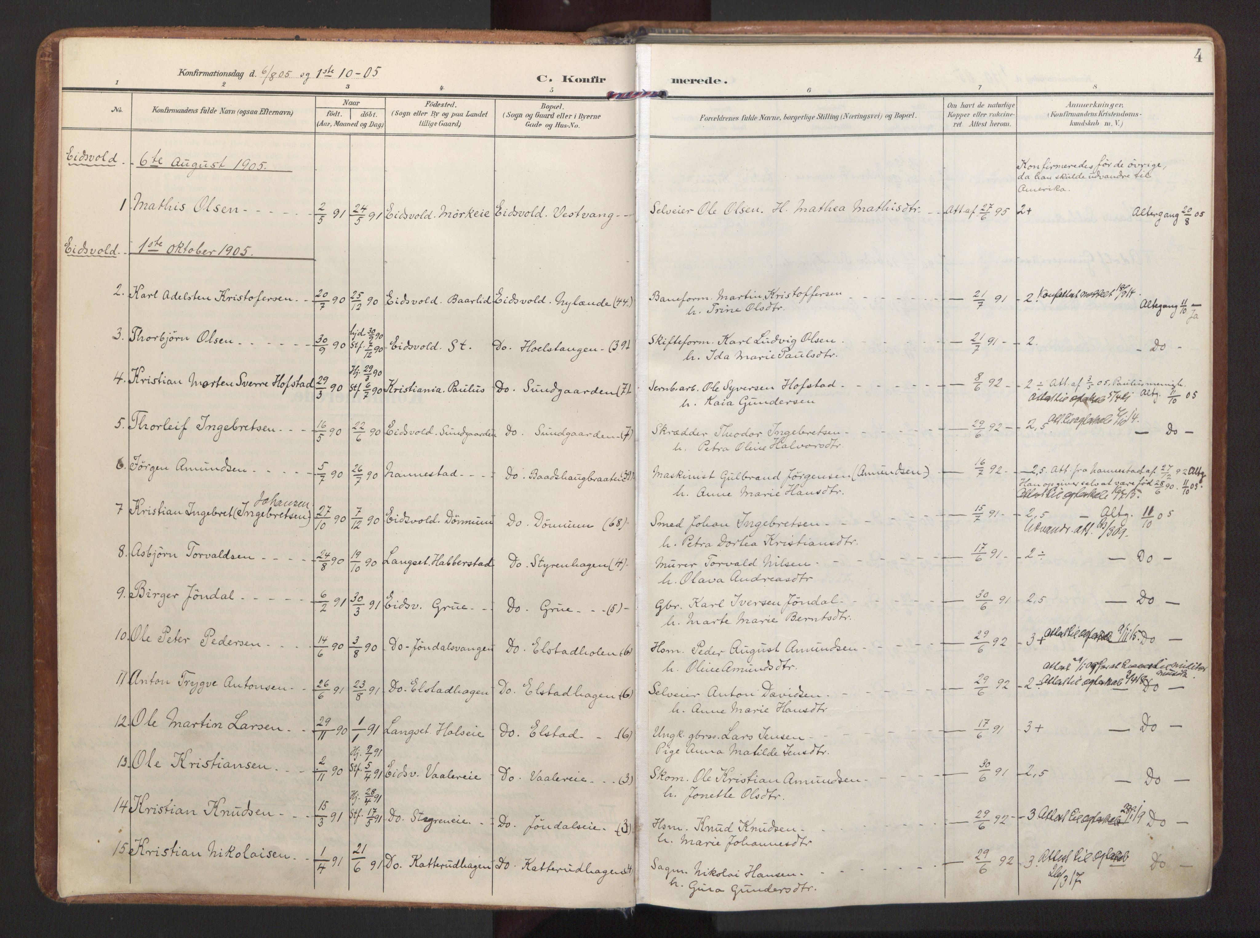 Eidsvoll prestekontor Kirkebøker, SAO/A-10888/F/Fa: Parish register (official) no. I 7, 1905-1920, p. 4