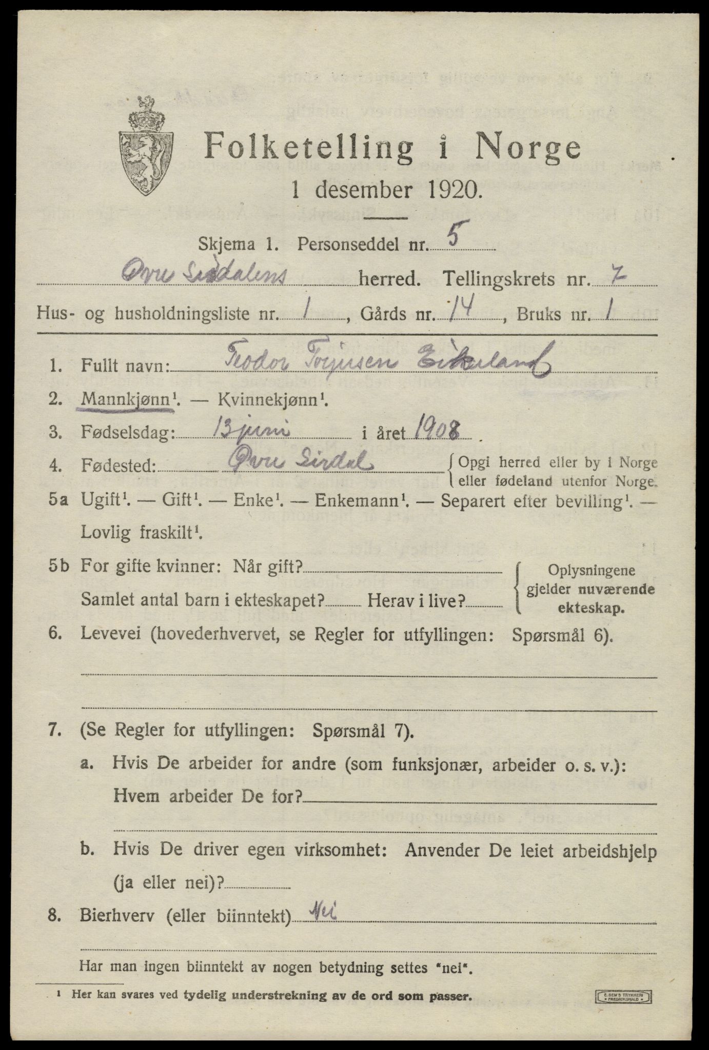 SAK, 1920 census for Øvre Sirdal, 1920, p. 1187