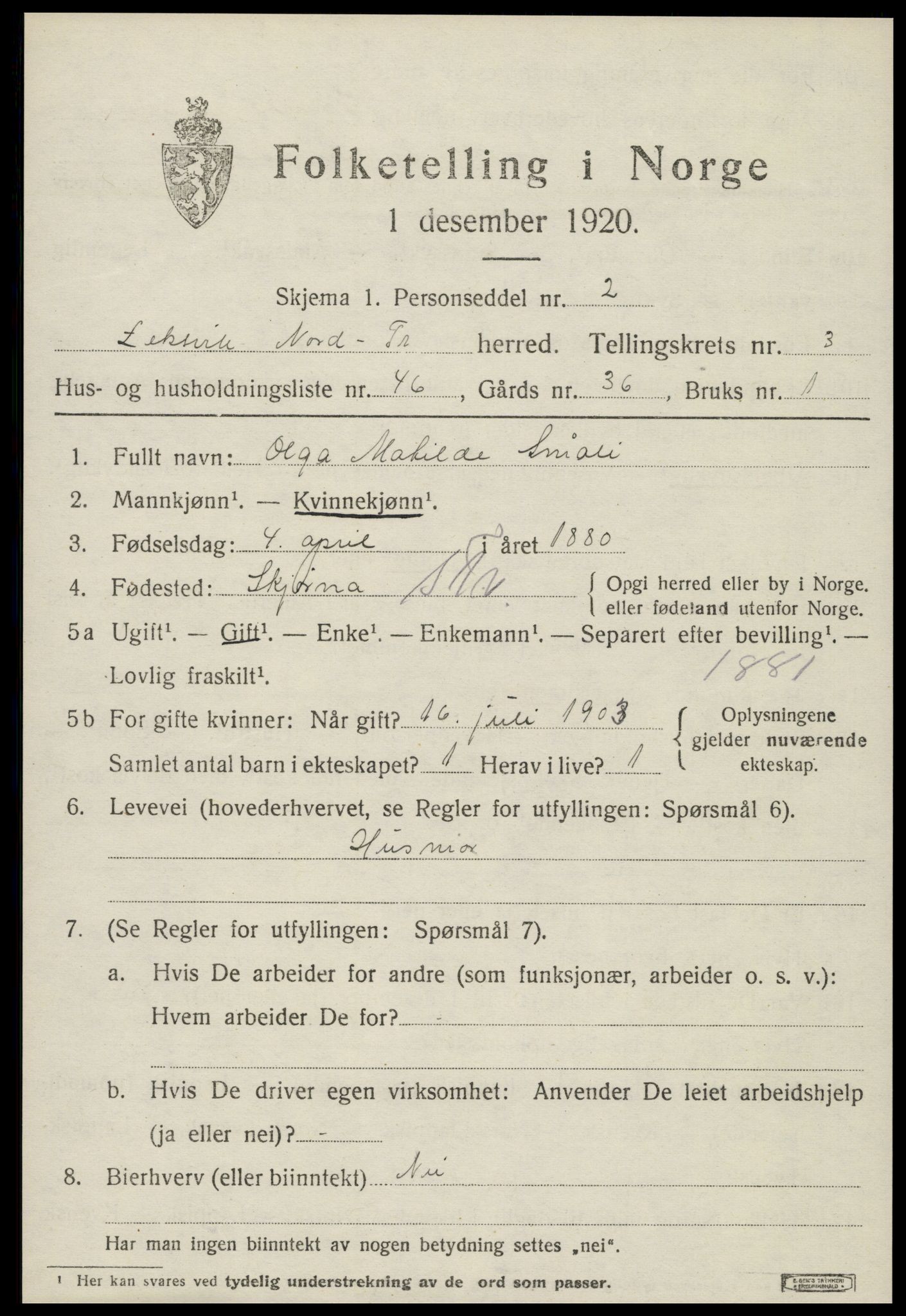 SAT, 1920 census for Leksvik, 1920, p. 3388