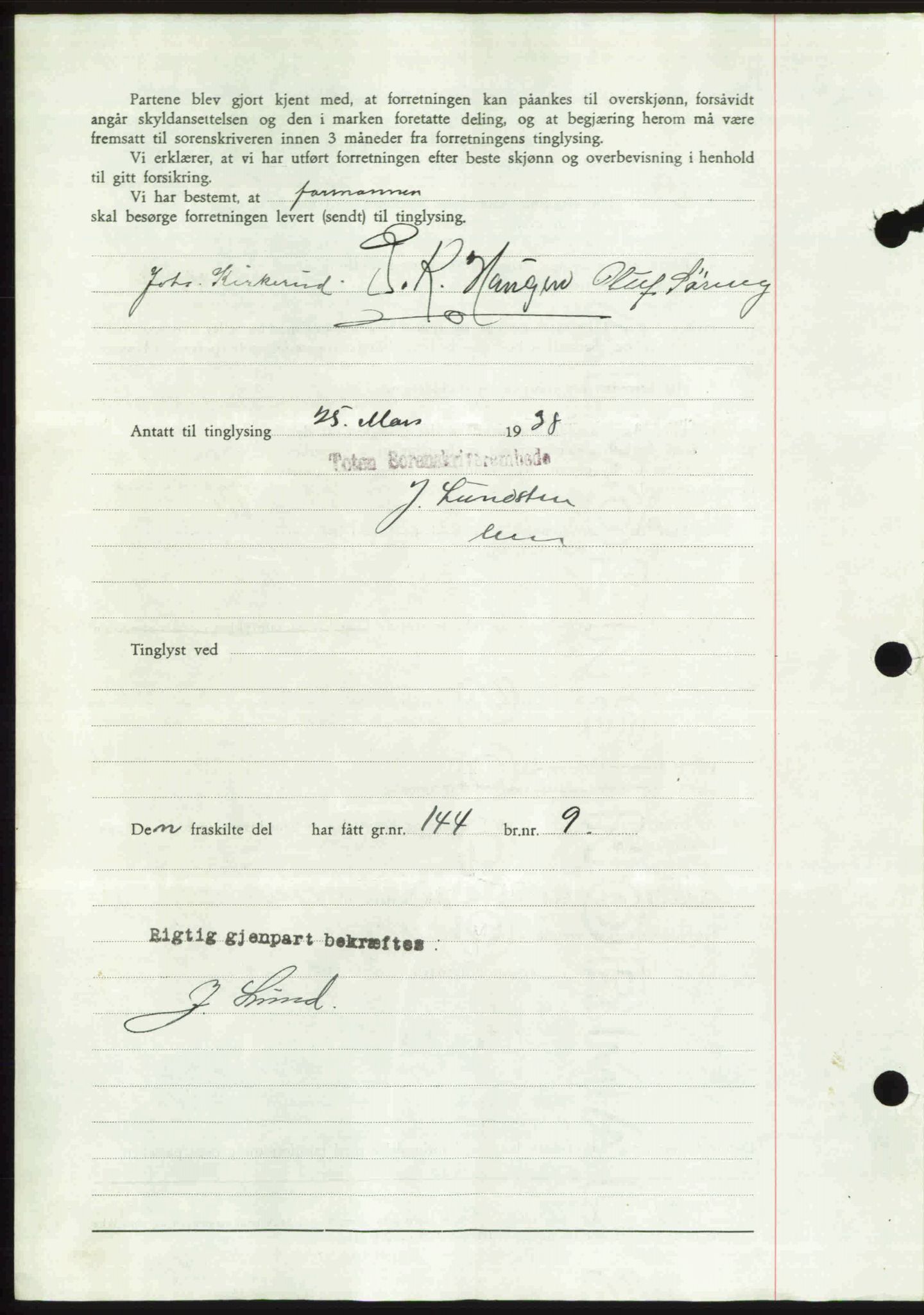 Toten tingrett, SAH/TING-006/H/Hb/Hbc/L0003: Mortgage book no. Hbc-03, 1937-1938, Diary no: : 519/1938