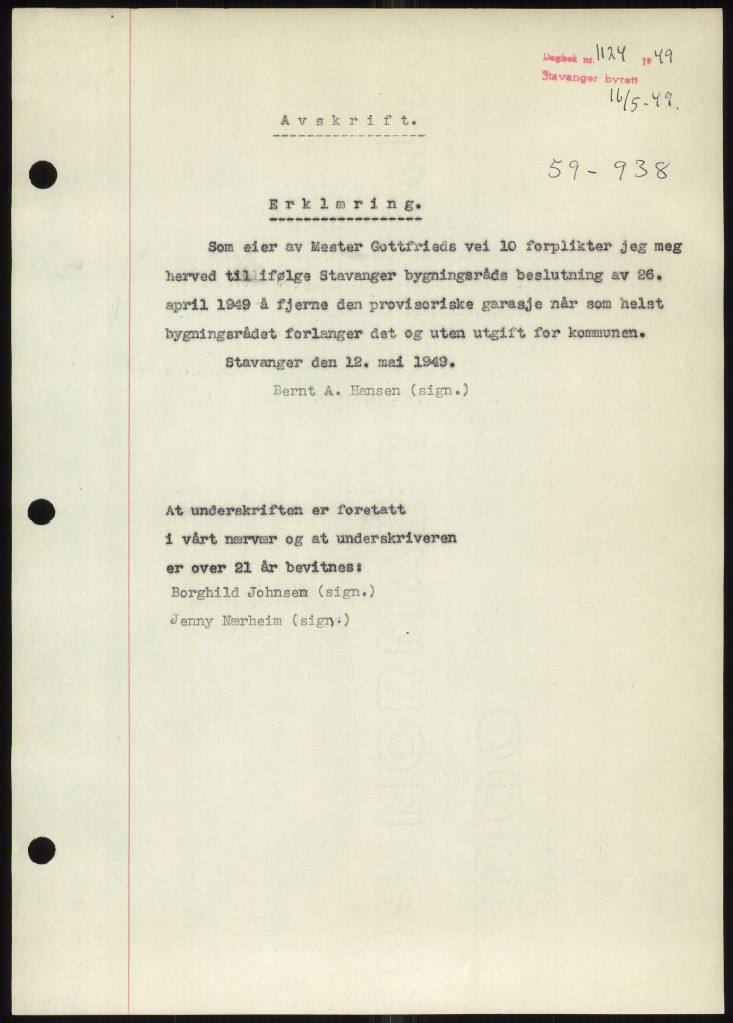 Stavanger byrett, SAST/A-100455/002/G/Gb/L0032: Mortgage book, 1947-1950, Diary no: : 1124/1949