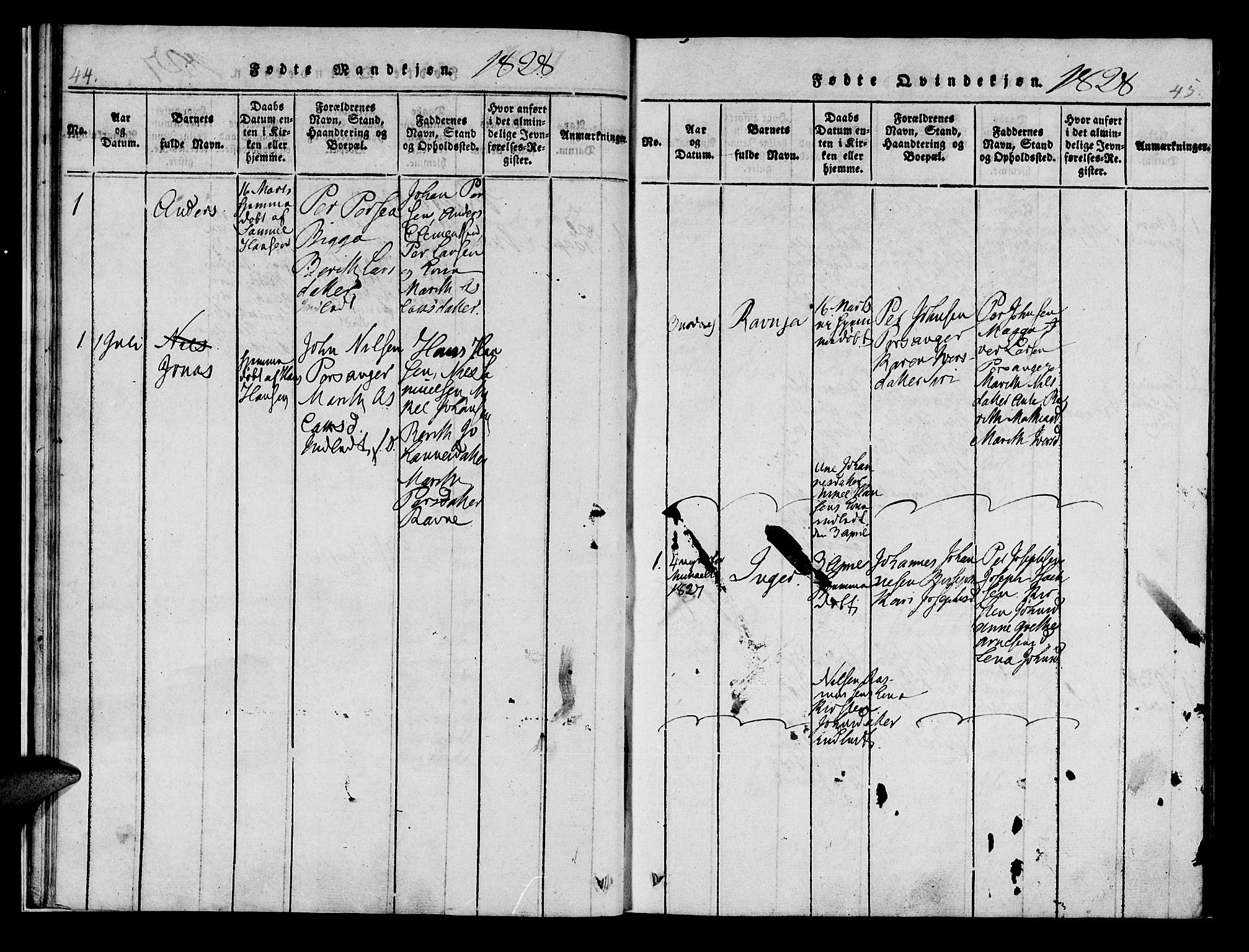 Kistrand/Porsanger sokneprestembete, AV/SATØ-S-1351/H/Hb/L0001.klokk: Parish register (copy) no. 1, 1821-1829, p. 44-45