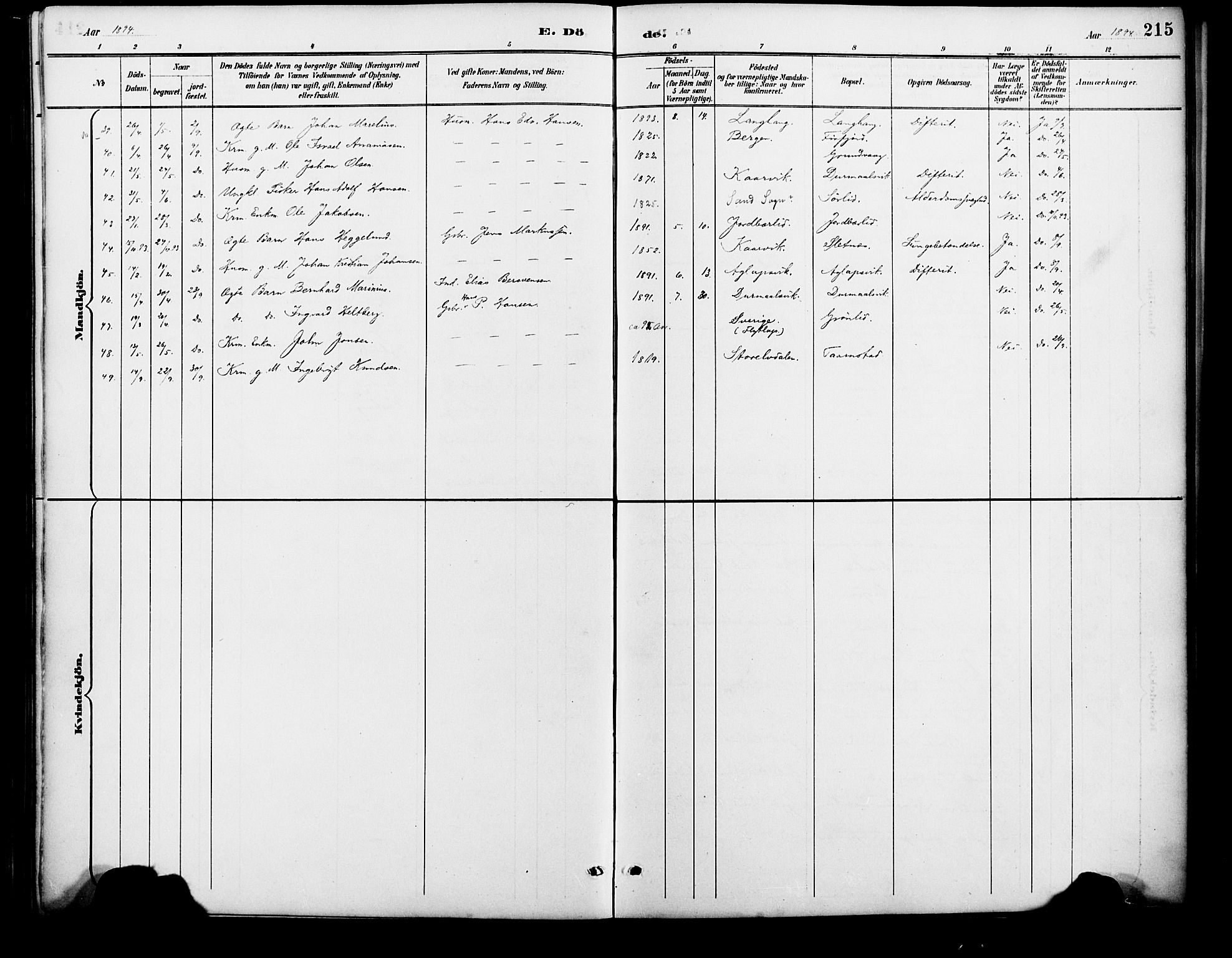 Lenvik sokneprestembete, AV/SATØ-S-1310/H/Ha/Haa/L0013kirke: Parish register (official) no. 13, 1890-1898, p. 215