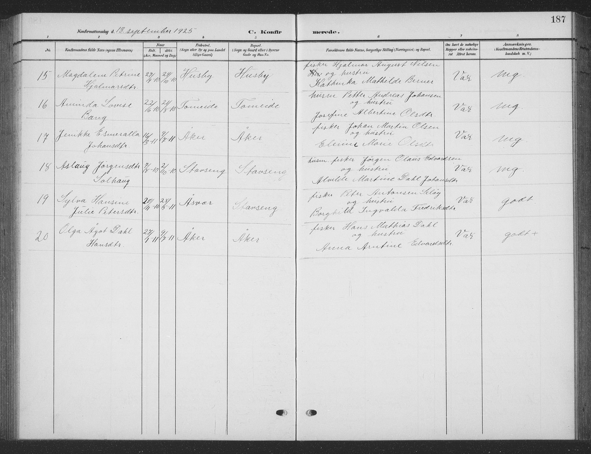 Ministerialprotokoller, klokkerbøker og fødselsregistre - Nordland, SAT/A-1459/835/L0533: Parish register (copy) no. 835C05, 1906-1939, p. 187