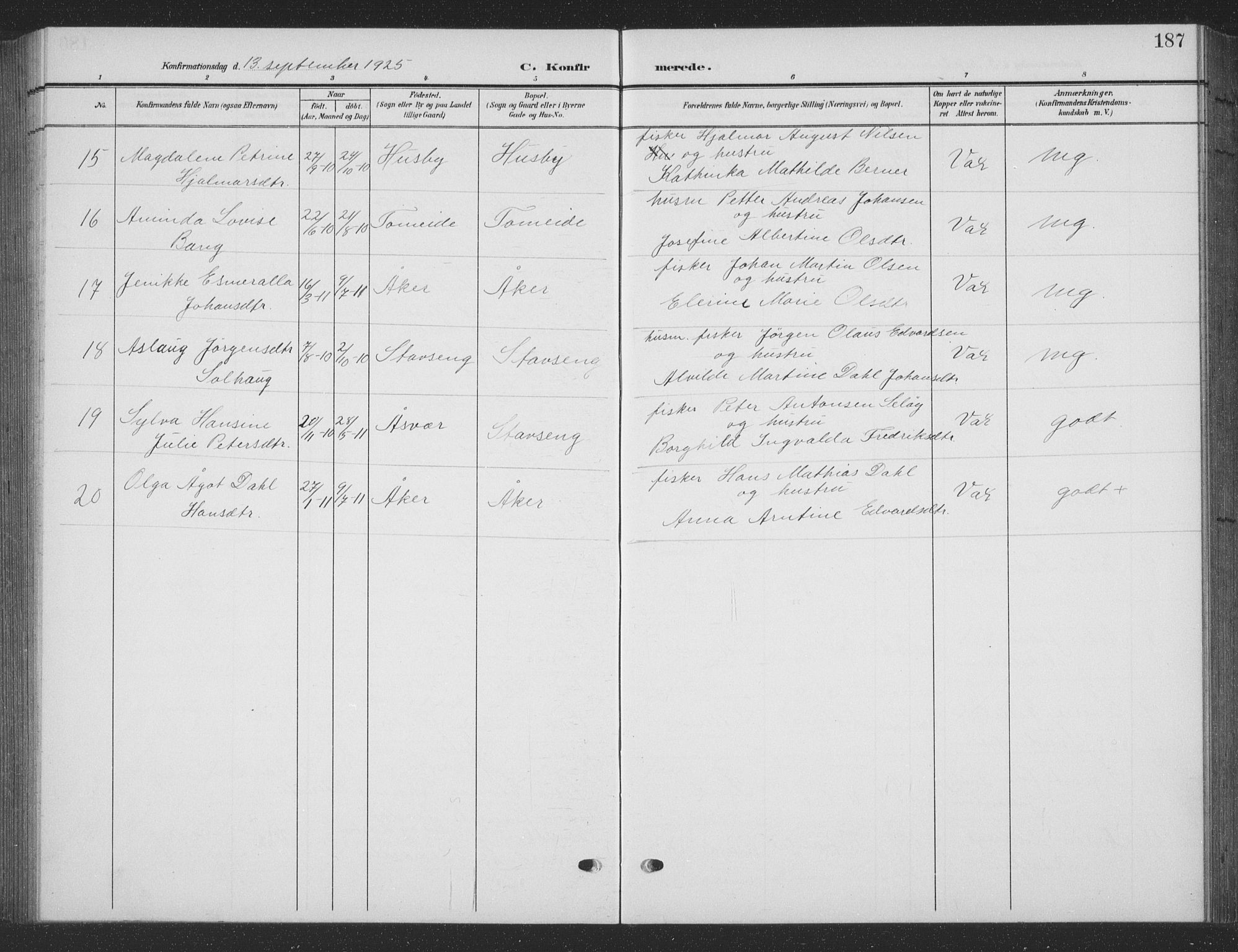 Ministerialprotokoller, klokkerbøker og fødselsregistre - Nordland, AV/SAT-A-1459/835/L0533: Parish register (copy) no. 835C05, 1906-1939, p. 187