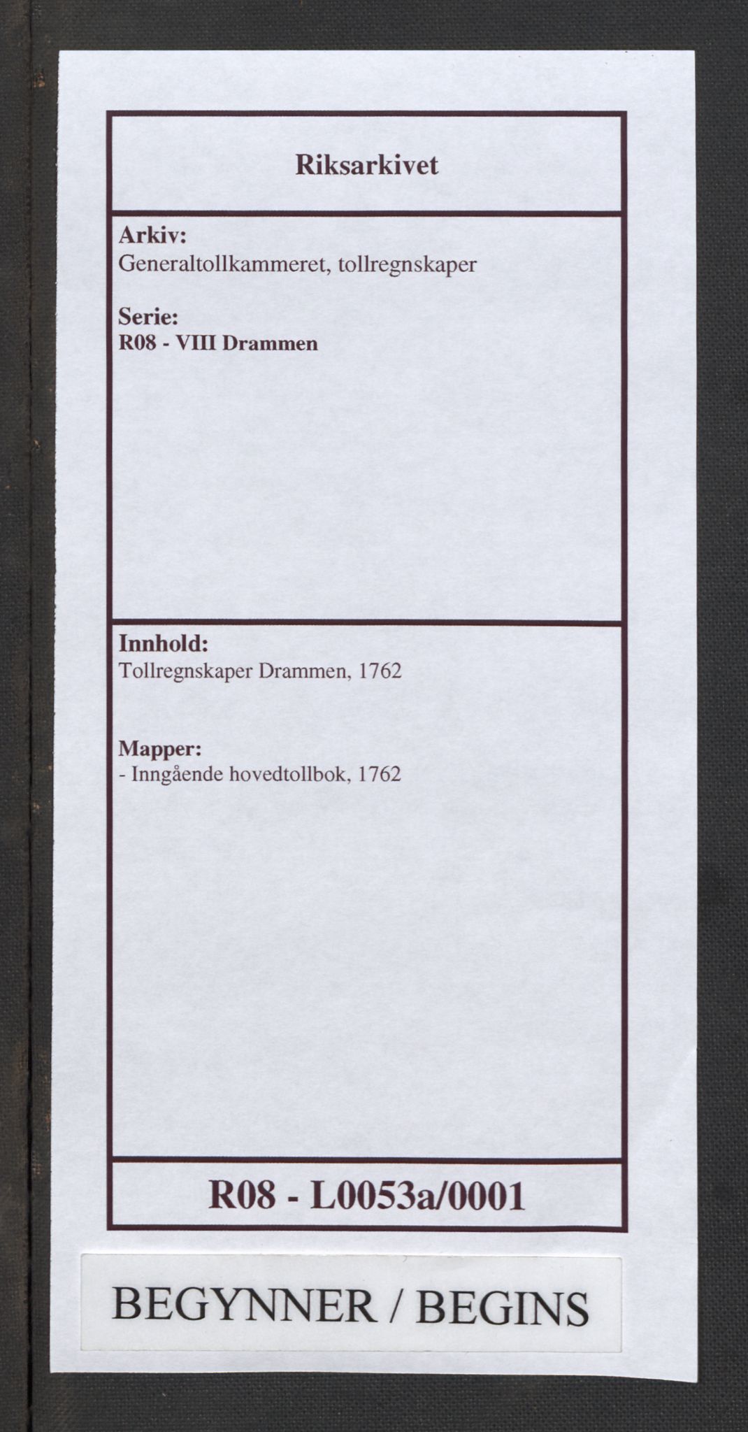 Generaltollkammeret, tollregnskaper, AV/RA-EA-5490/R08/L0053a/0001: Tollregnskaper Drammen / Inngående hovedtollbok, 1762