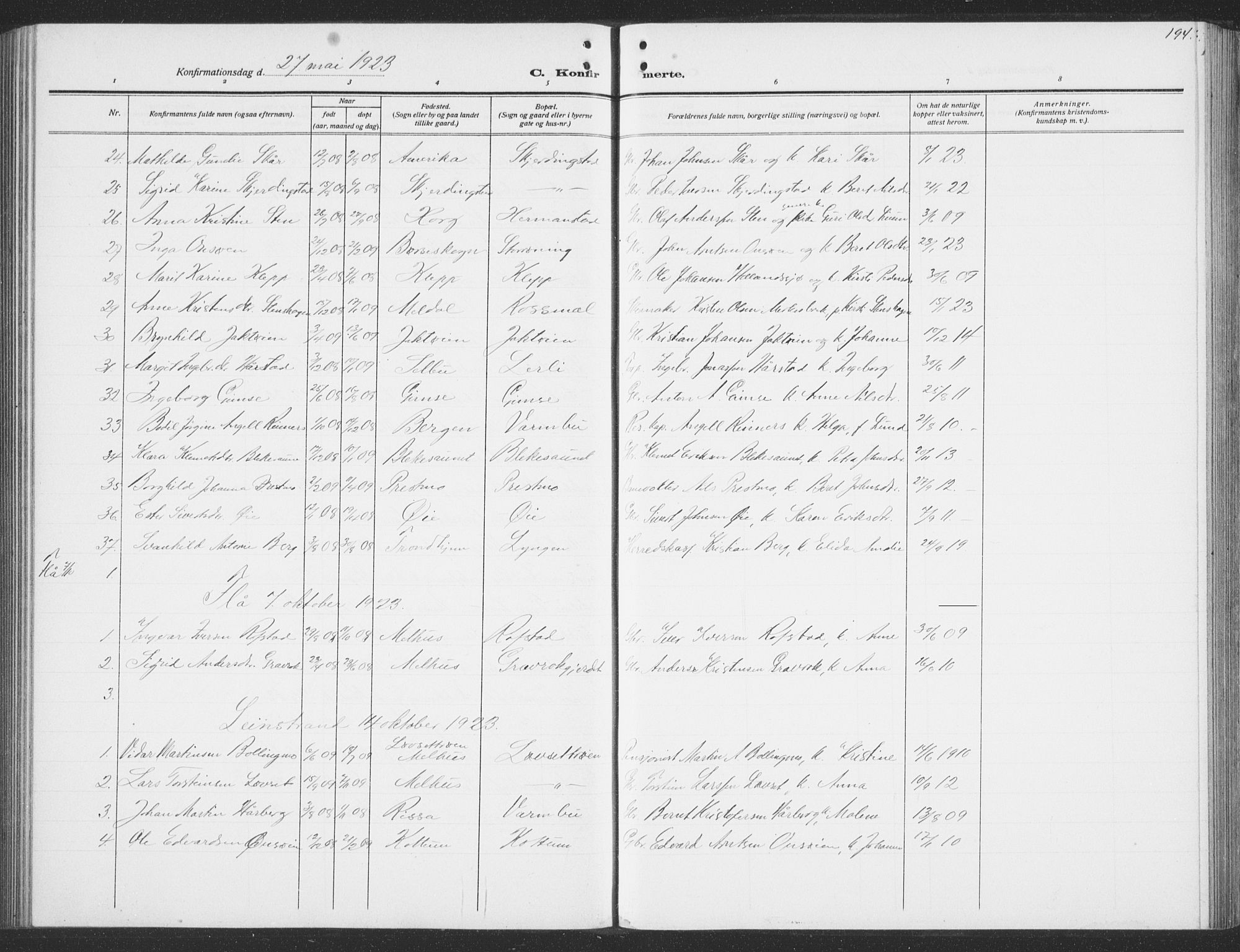Ministerialprotokoller, klokkerbøker og fødselsregistre - Sør-Trøndelag, SAT/A-1456/691/L1095: Parish register (copy) no. 691C06, 1912-1933, p. 194