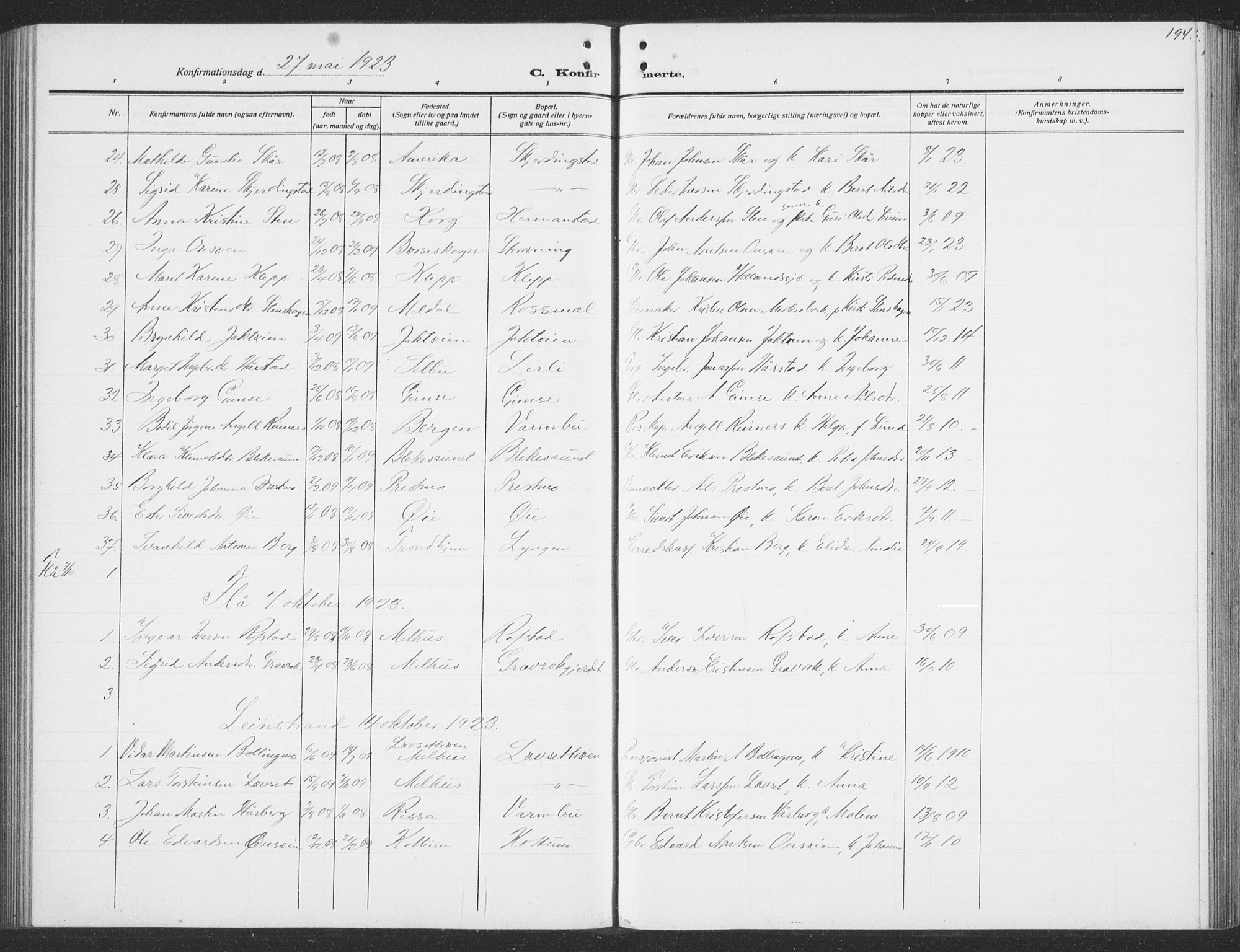 Ministerialprotokoller, klokkerbøker og fødselsregistre - Sør-Trøndelag, AV/SAT-A-1456/691/L1095: Parish register (copy) no. 691C06, 1912-1933, p. 194