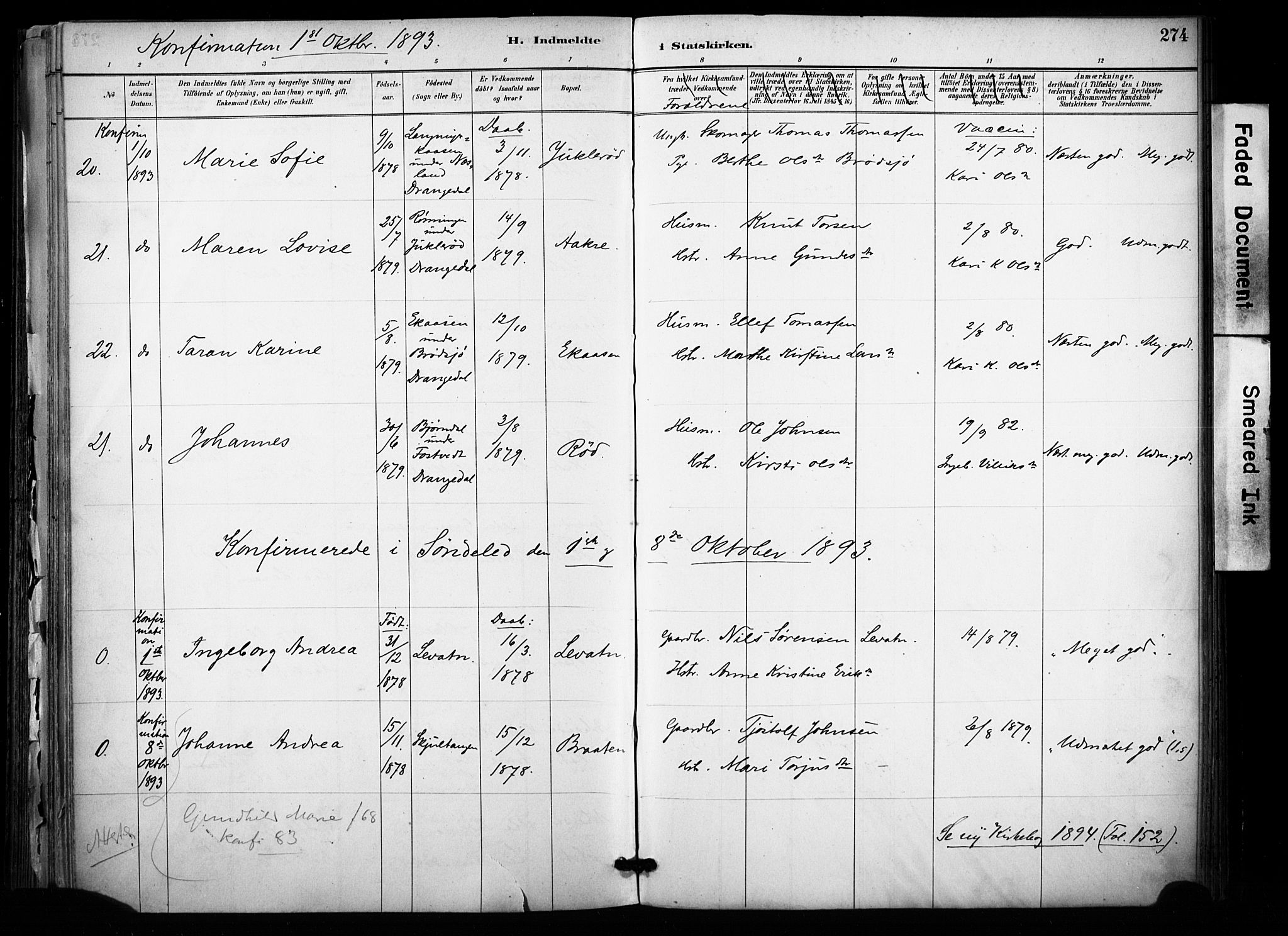 Sannidal kirkebøker, SAKO/A-296/F/Fa/L0015: Parish register (official) no. 15, 1884-1899, p. 274