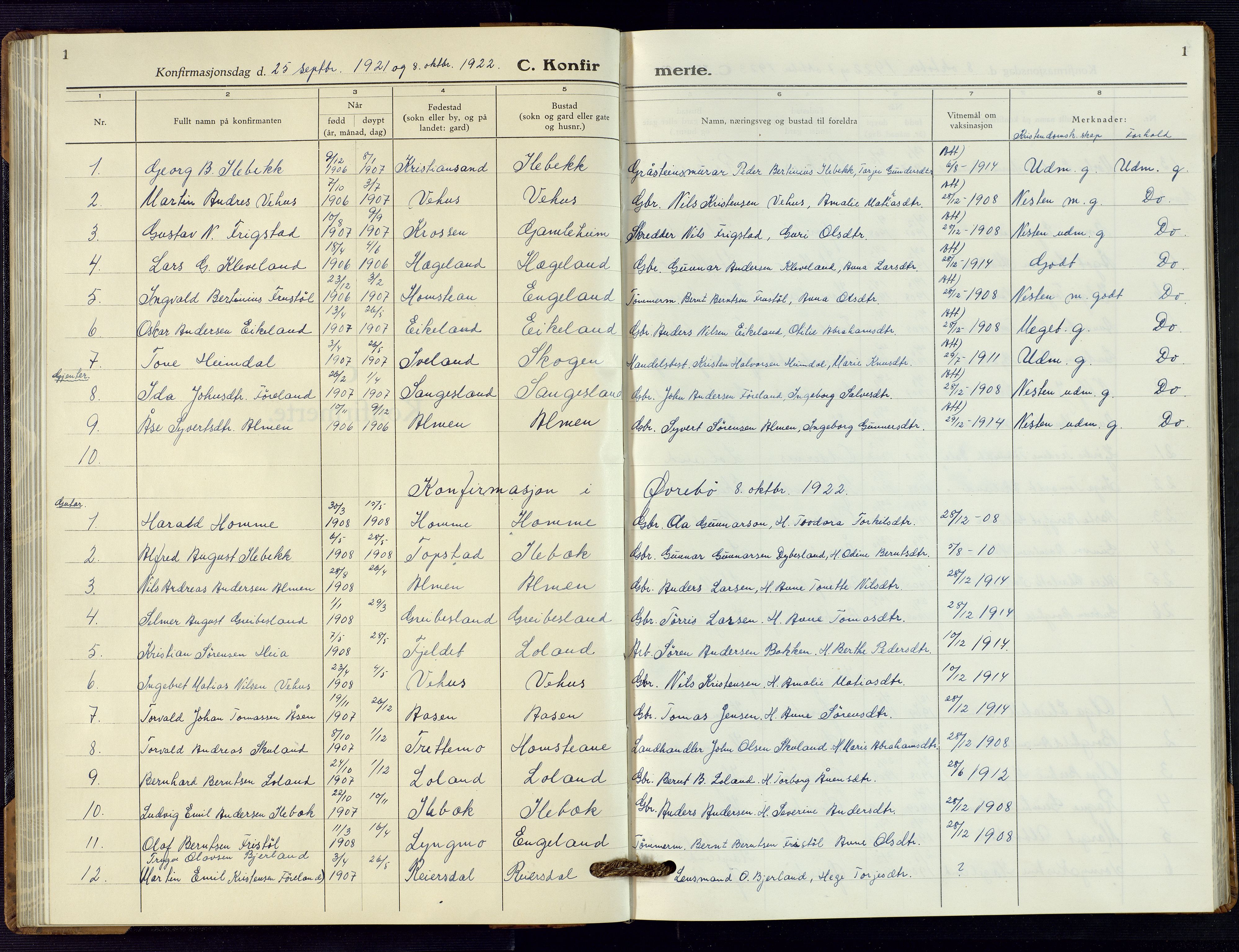 Vennesla sokneprestkontor, SAK/1111-0045/Fb/Fbc/L0004: Parish register (copy) no. B 4, 1921-1972, p. 1