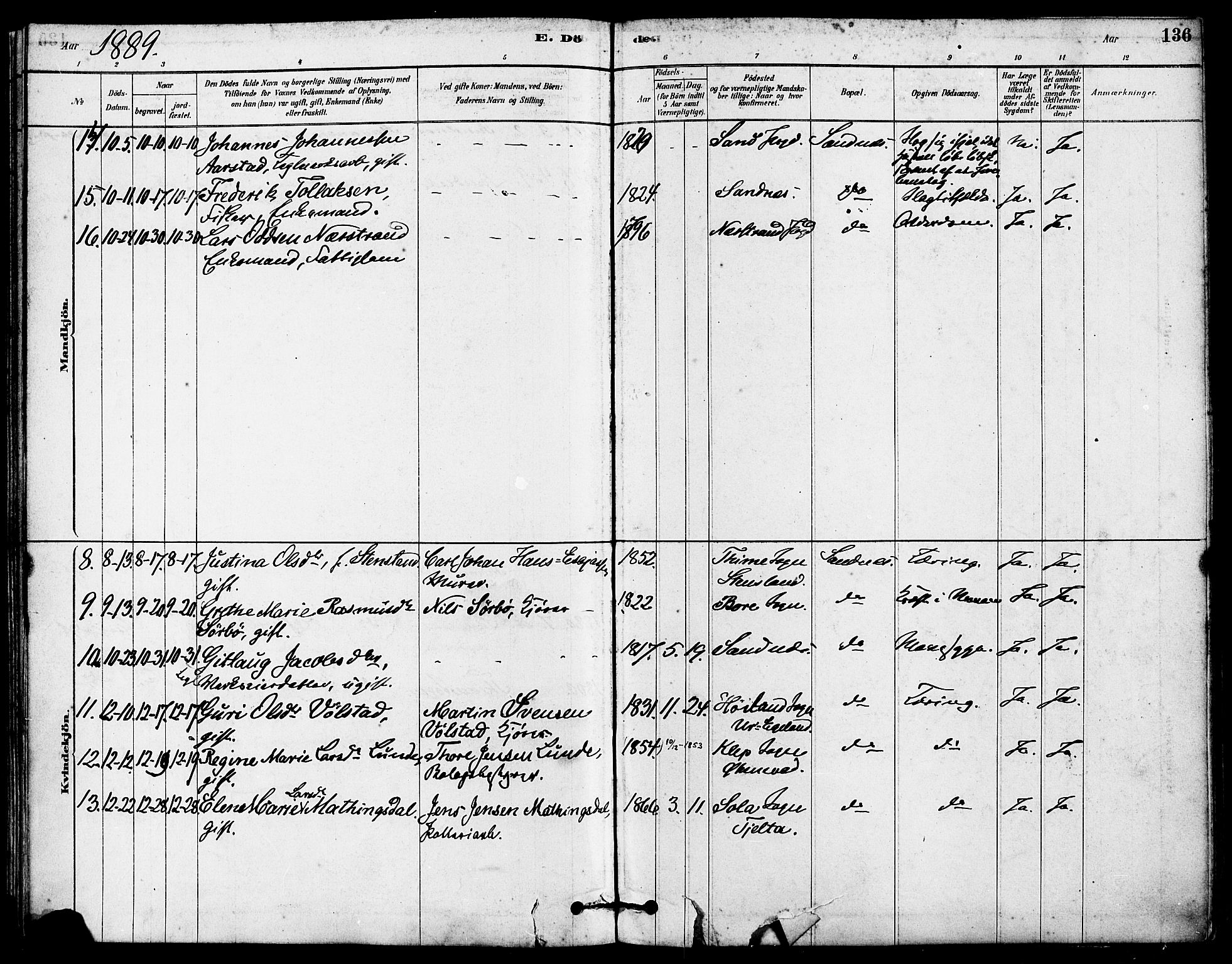 Høyland sokneprestkontor, SAST/A-101799/001/30BA/L0012: Parish register (official) no. A 11, 1878-1889, p. 136