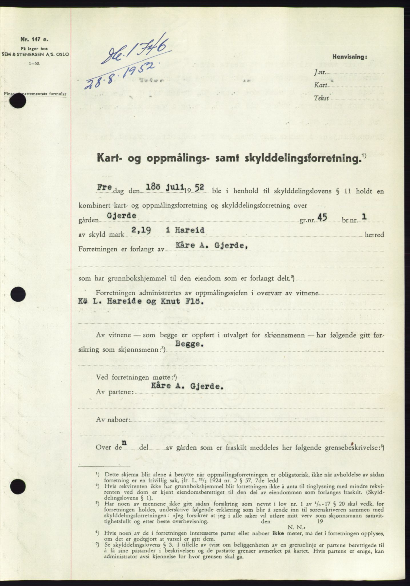 Søre Sunnmøre sorenskriveri, AV/SAT-A-4122/1/2/2C/L0092: Mortgage book no. 18A, 1952-1952, Diary no: : 1746/1952