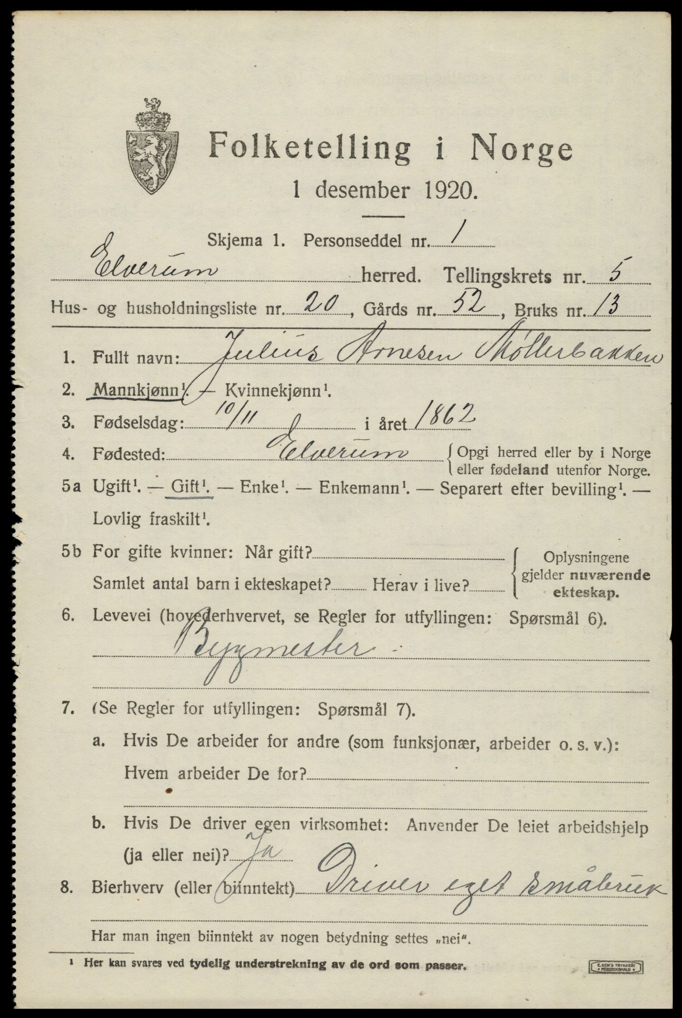 SAH, 1920 census for Elverum, 1920, p. 7720