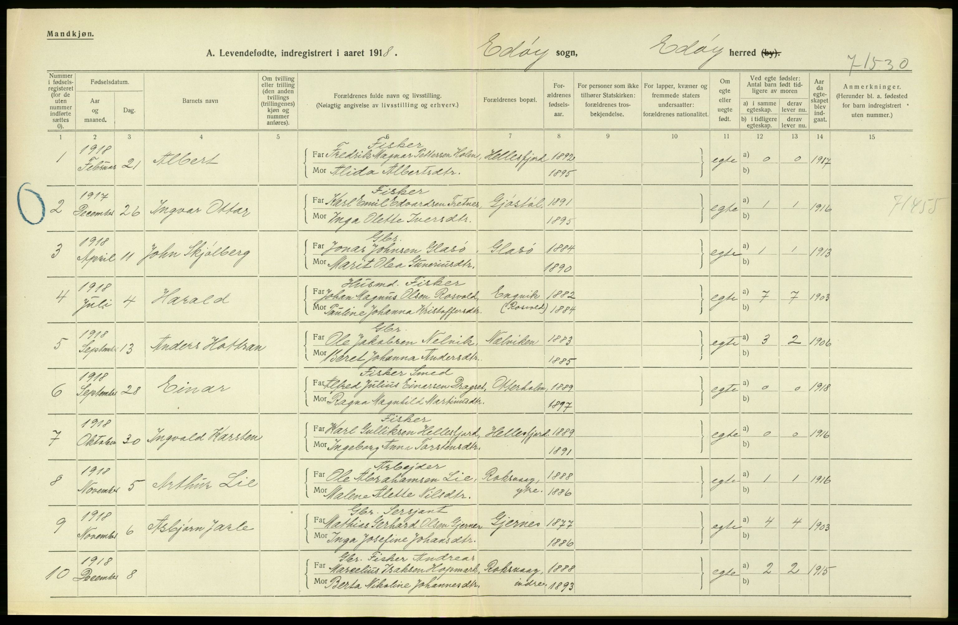 Statistisk sentralbyrå, Sosiodemografiske emner, Befolkning, RA/S-2228/D/Df/Dfb/Dfbh/L0043: Møre fylke: Levendefødte menn og kvinner. Bygder., 1918, p. 560