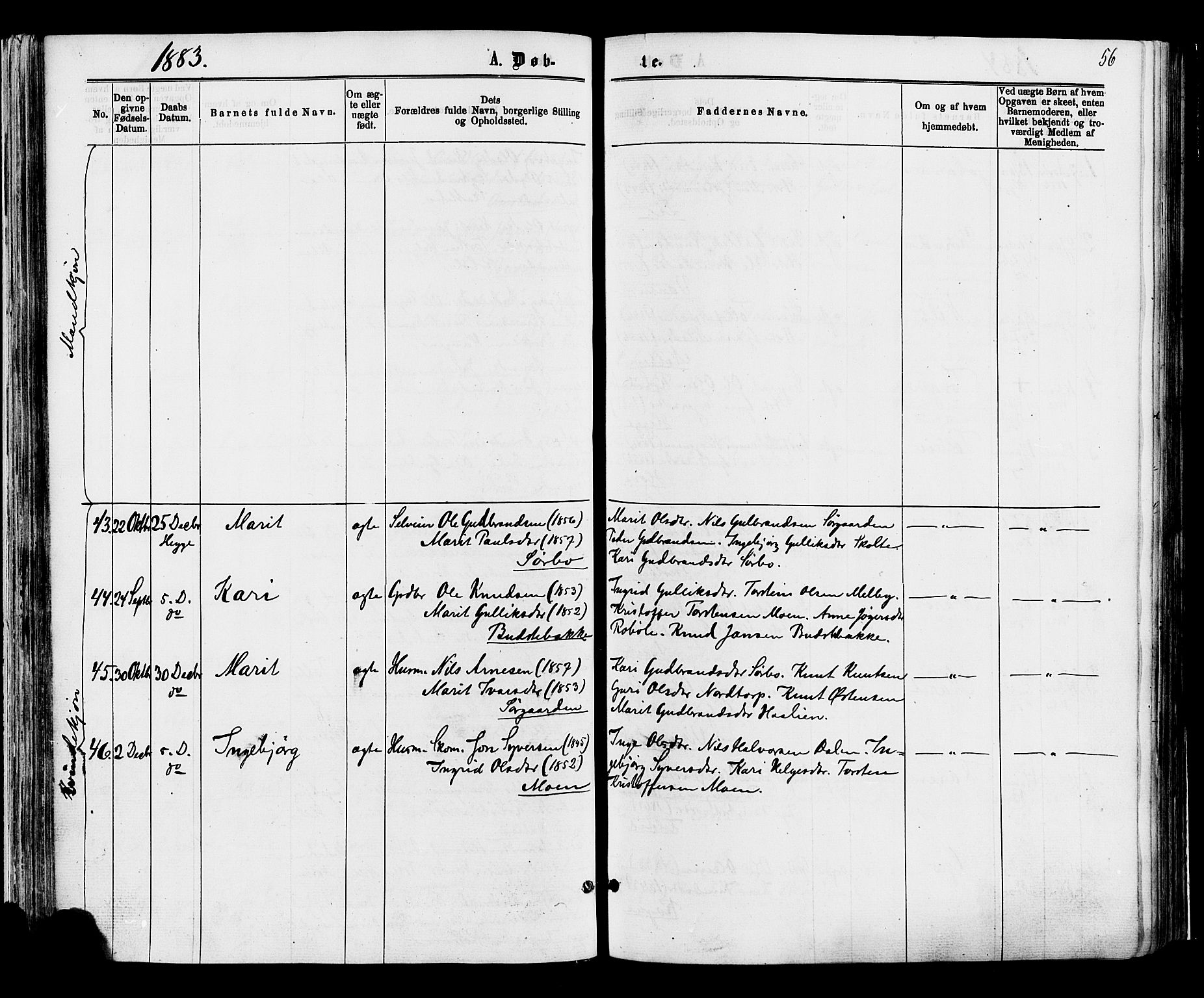 Øystre Slidre prestekontor, AV/SAH-PREST-138/H/Ha/Haa/L0002: Parish register (official) no. 2, 1874-1886, p. 56