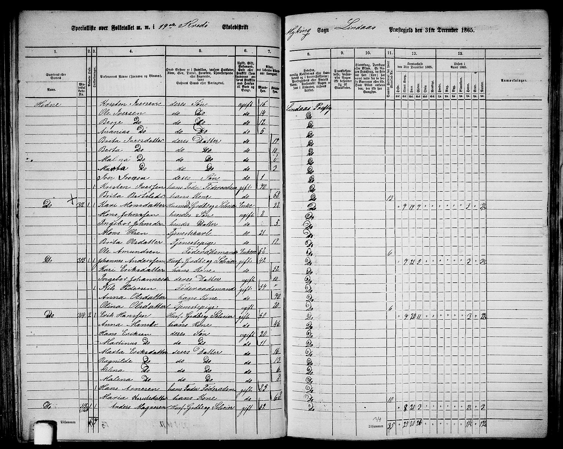 RA, 1865 census for Lindås, 1865, p. 134