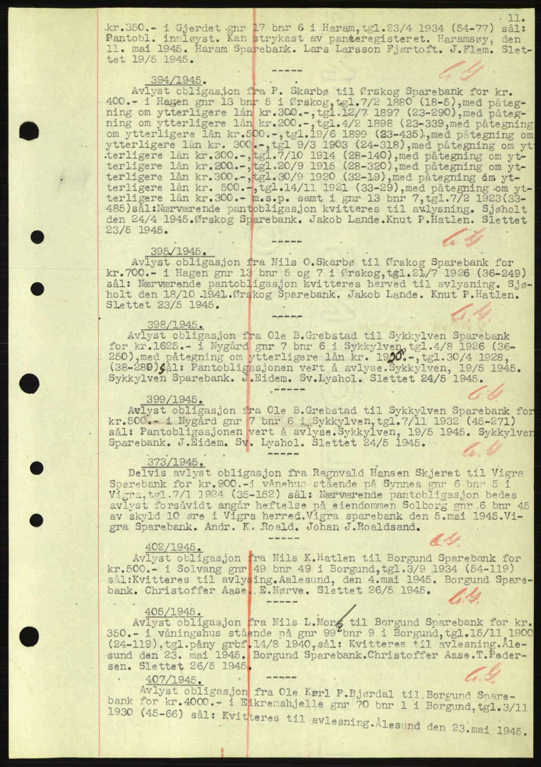 Nordre Sunnmøre sorenskriveri, SAT/A-0006/1/2/2C/2Ca: Mortgage book no. B6-14 a, 1942-1945, Diary no: : 394/1945