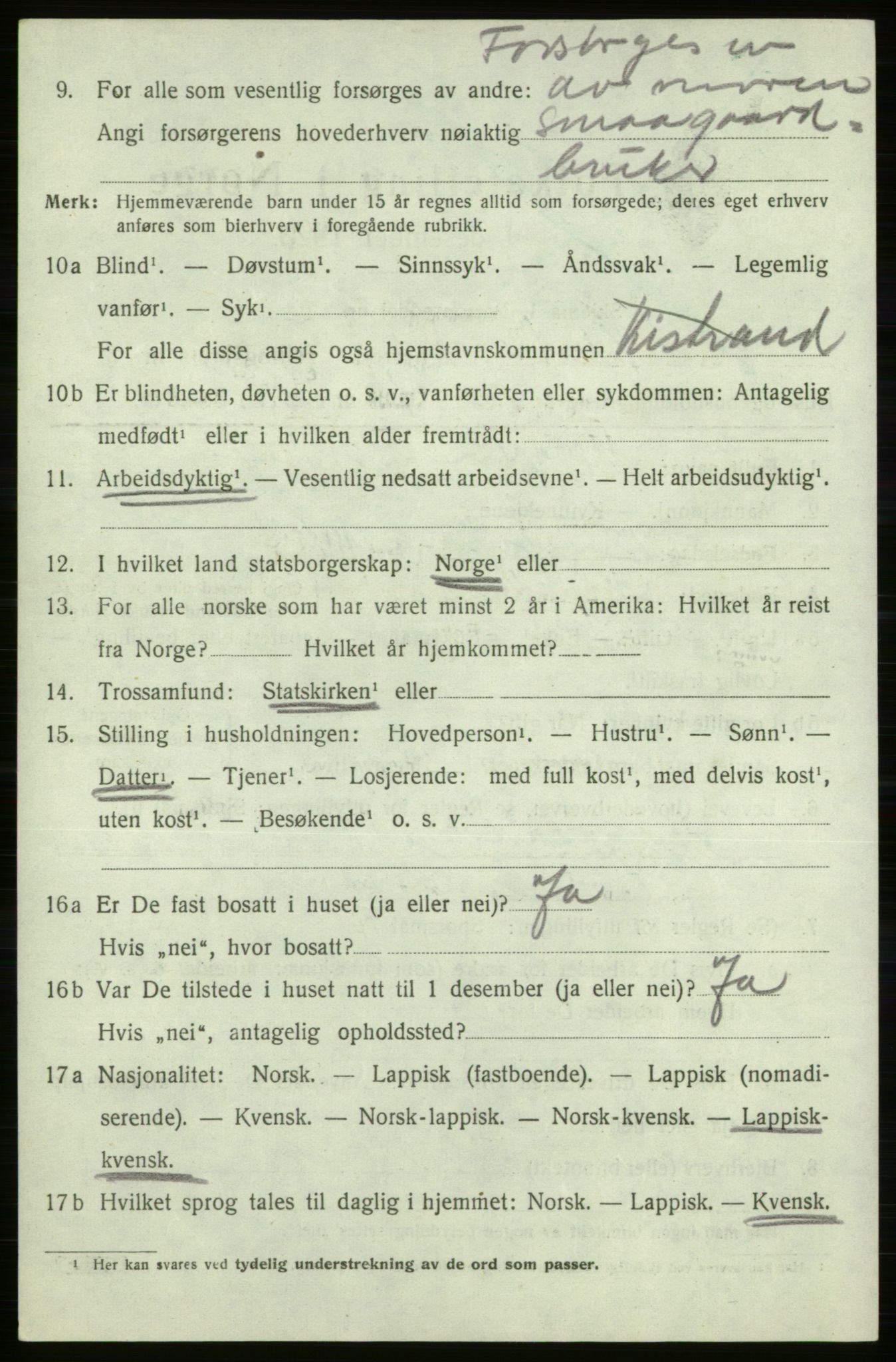 SATØ, 1920 census for Kistrand, 1920, p. 4417
