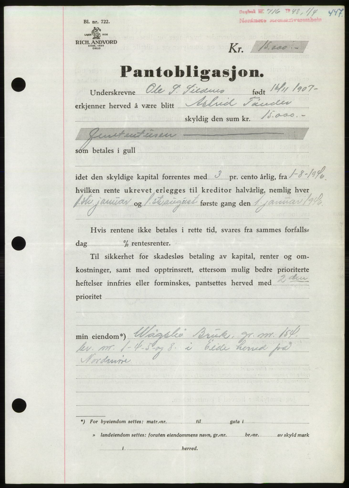 Nordmøre sorenskriveri, AV/SAT-A-4132/1/2/2Ca: Mortgage book no. B98, 1948-1948, Diary no: : 716/1948