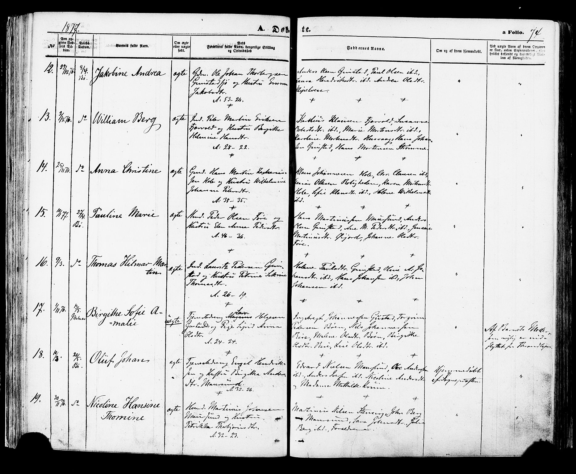 Ministerialprotokoller, klokkerbøker og fødselsregistre - Nordland, AV/SAT-A-1459/891/L1301: Parish register (official) no. 891A06, 1870-1878, p. 74