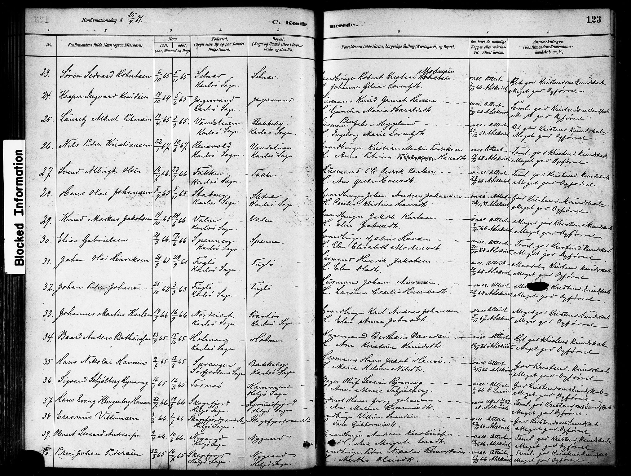 Karlsøy sokneprestembete, SATØ/S-1299/H/Ha/Haa/L0006kirke: Parish register (official) no. 6, 1879-1890, p. 123