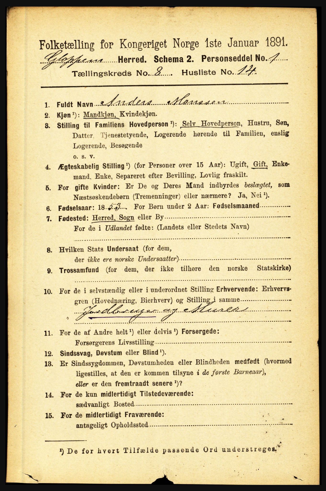 RA, 1891 census for 1445 Gloppen, 1891, p. 3236