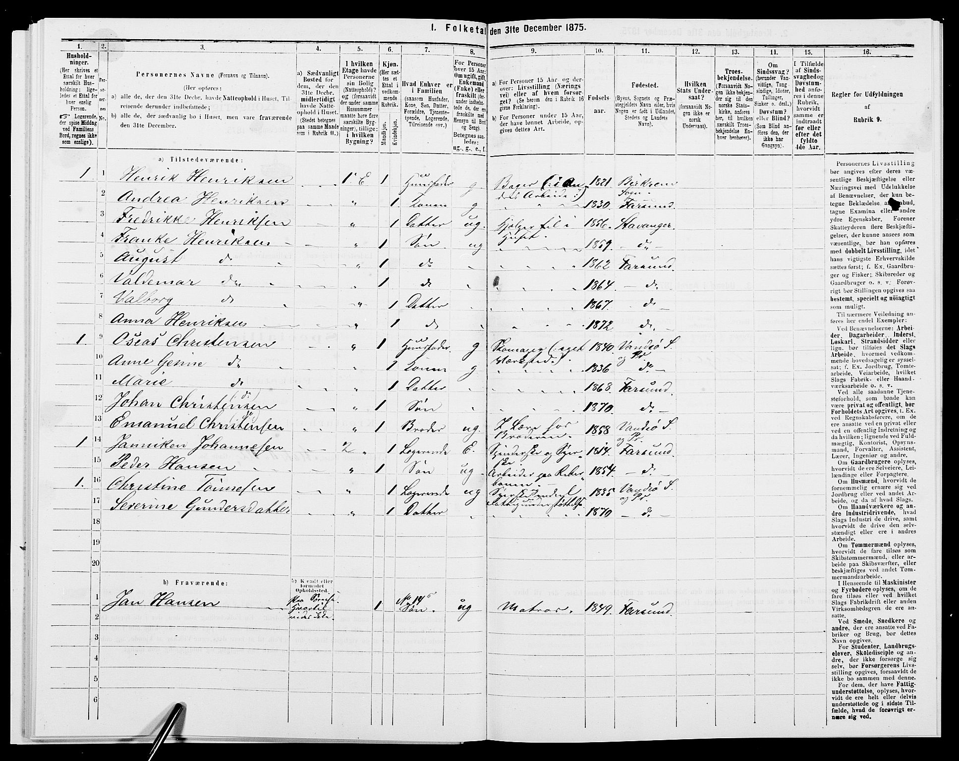 SAK, 1875 census for 1003B Vanse/Farsund, 1875, p. 262