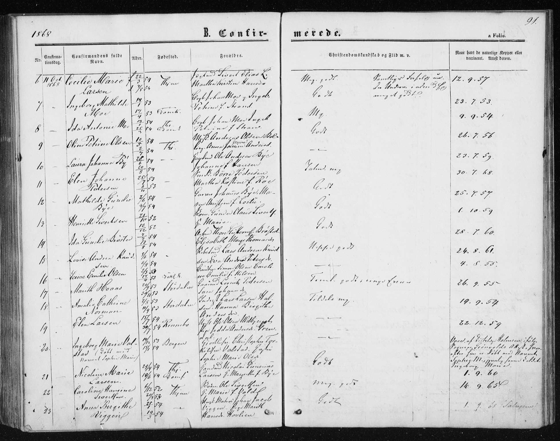 Ministerialprotokoller, klokkerbøker og fødselsregistre - Sør-Trøndelag, SAT/A-1456/602/L0114: Parish register (official) no. 602A12, 1856-1872, p. 91