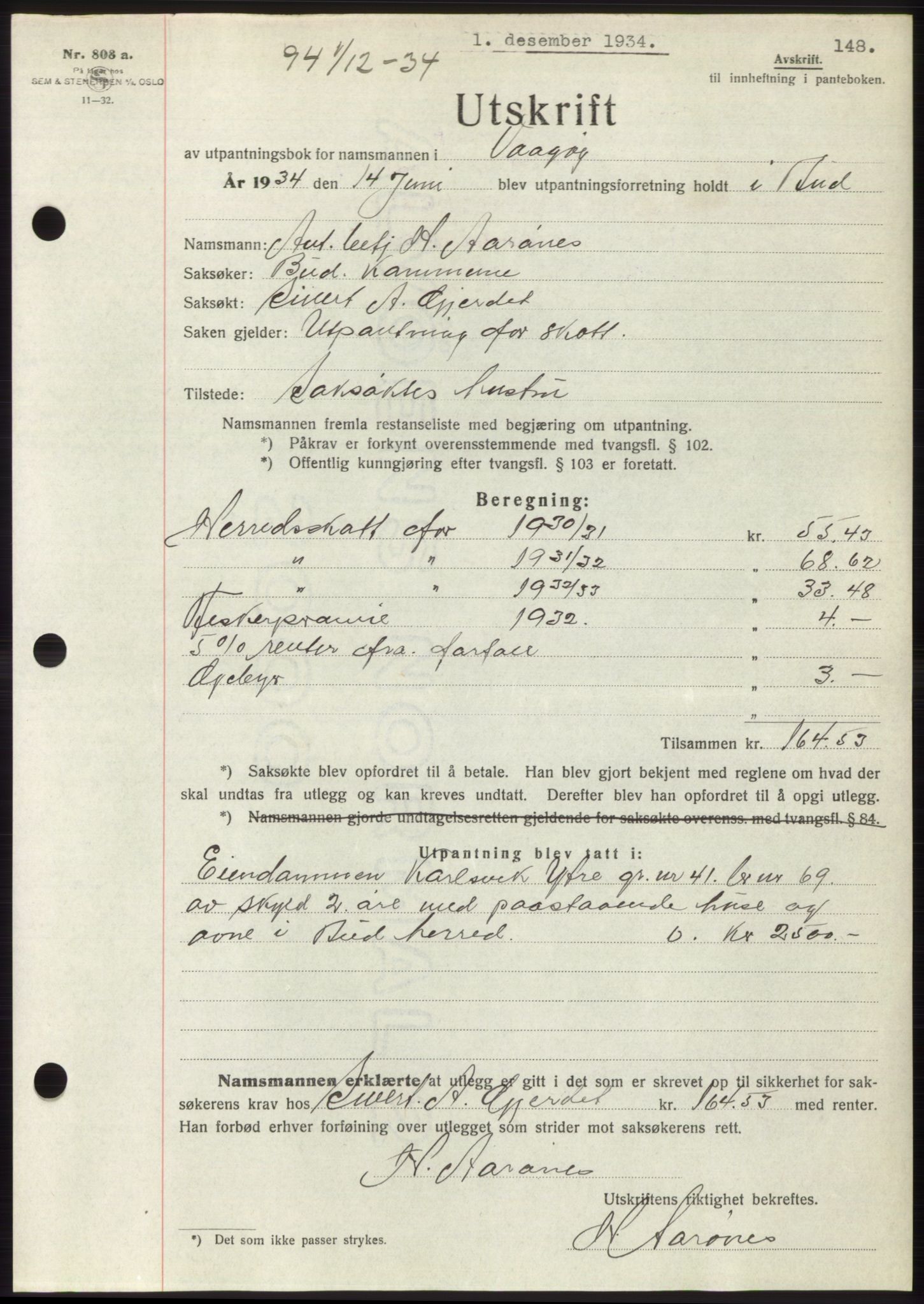 Romsdal sorenskriveri, AV/SAT-A-4149/1/2/2C/L0066: Mortgage book no. 60, 1934-1935, Deed date: 01.12.1934