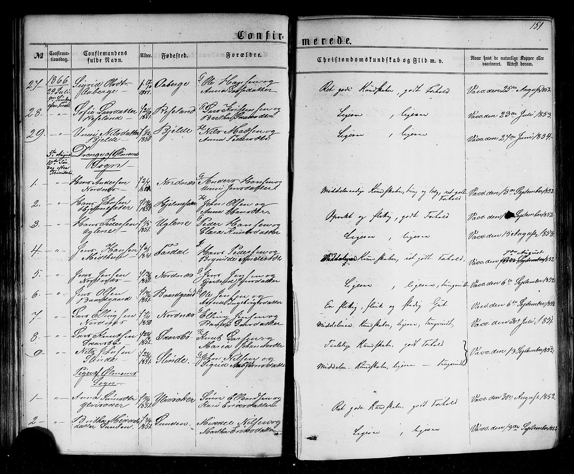 Sogndal sokneprestembete, AV/SAB-A-81301/H/Haa/Haaa/L0013: Parish register (official) no. A 13, 1859-1877, p. 151