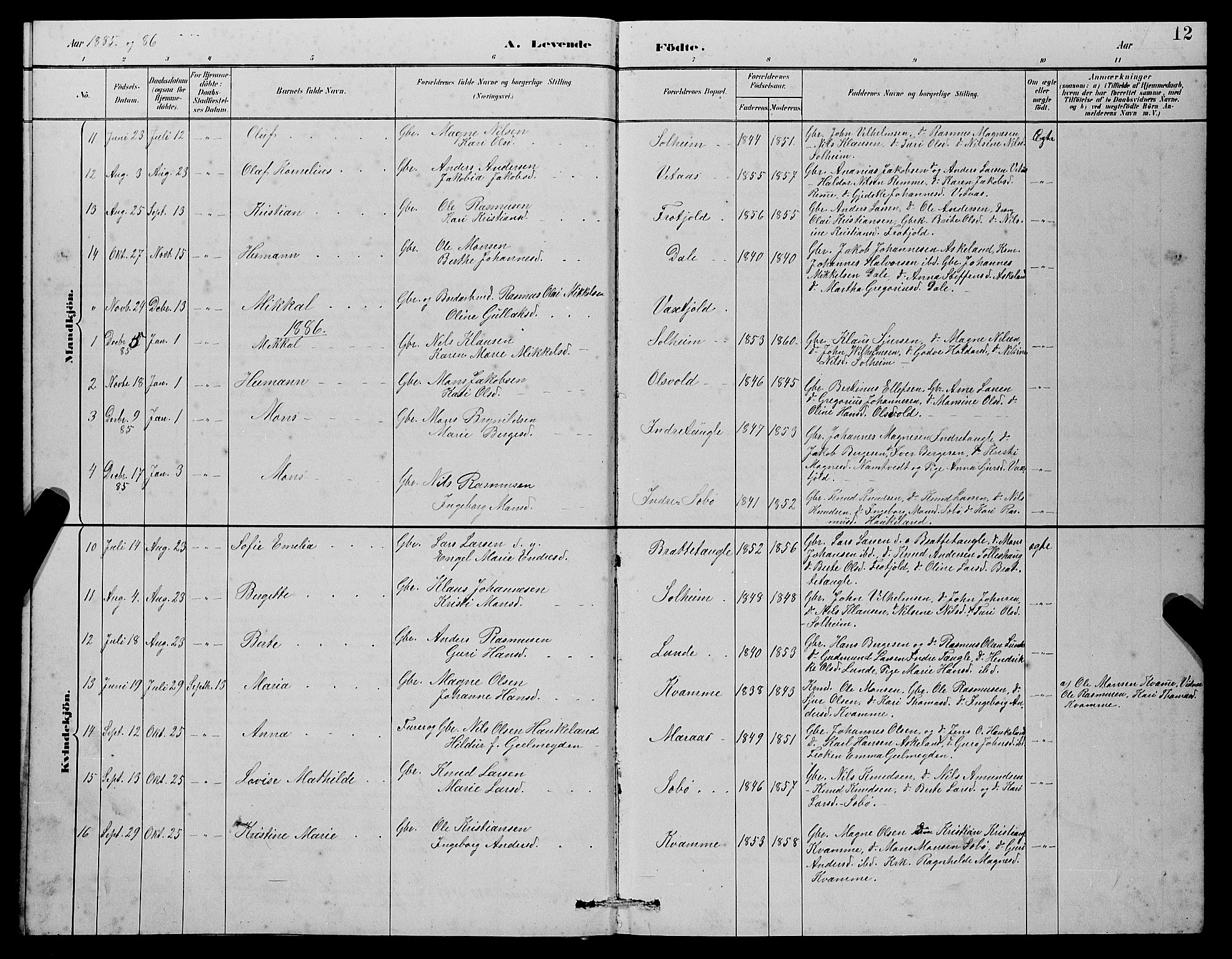 Manger sokneprestembete, SAB/A-76801/H/Hab: Parish register (copy) no. D 2, 1883-1894, p. 12