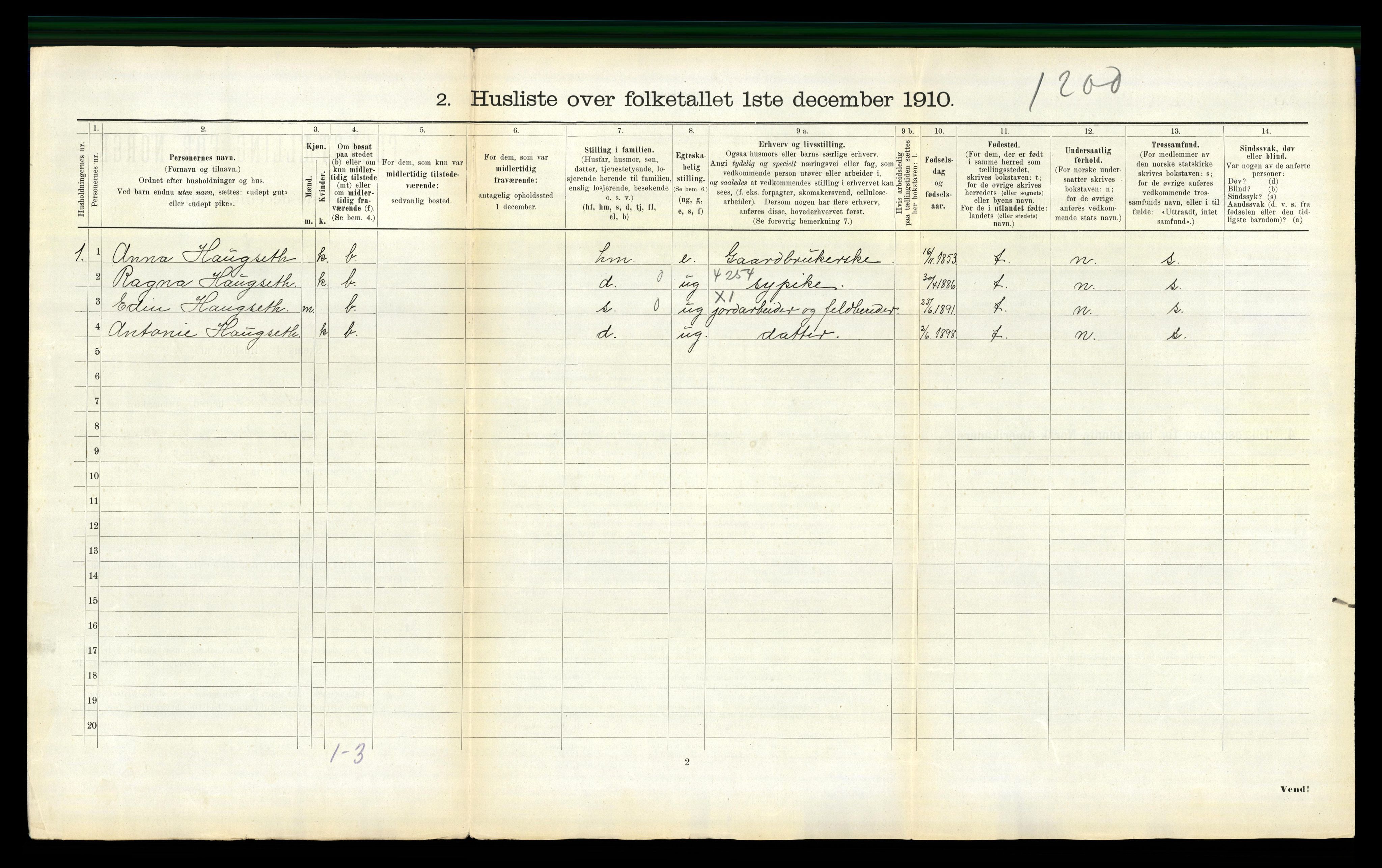 RA, 1910 census for Verdal, 1910, p. 837