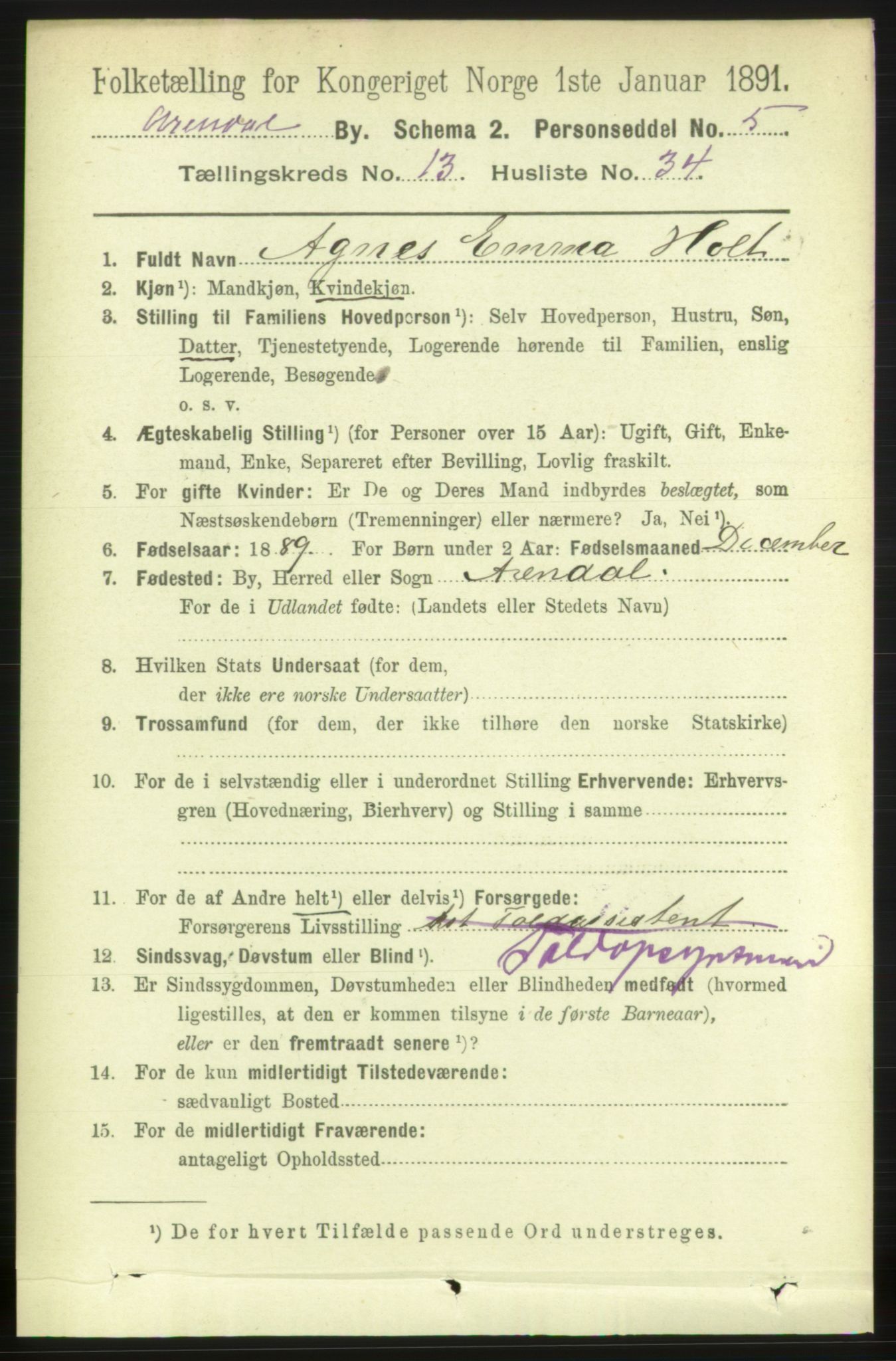 RA, 1891 census for 0903 Arendal, 1891, p. 4766