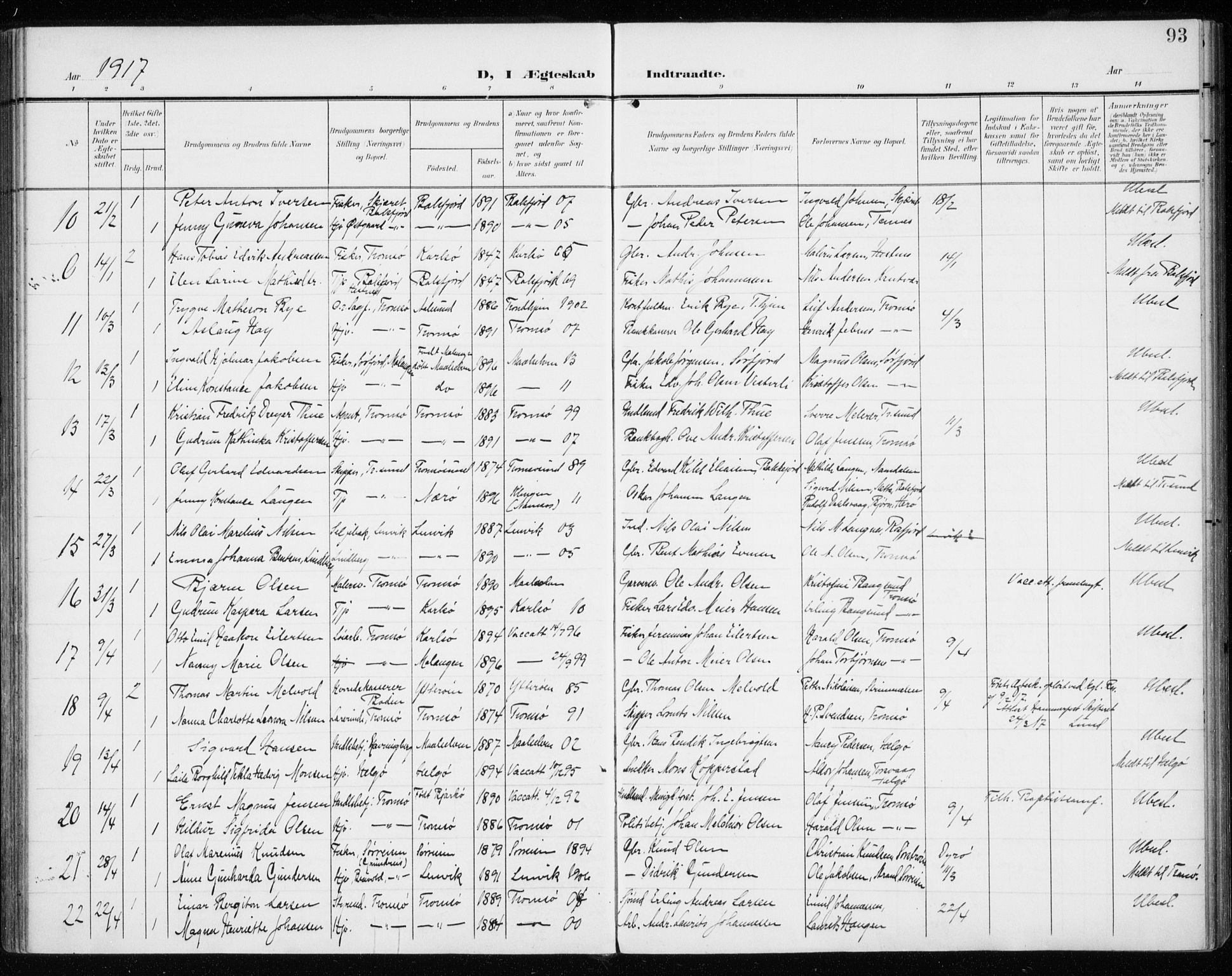 Tromsø sokneprestkontor/stiftsprosti/domprosti, AV/SATØ-S-1343/G/Ga/L0018kirke: Parish register (official) no. 18, 1907-1917, p. 93