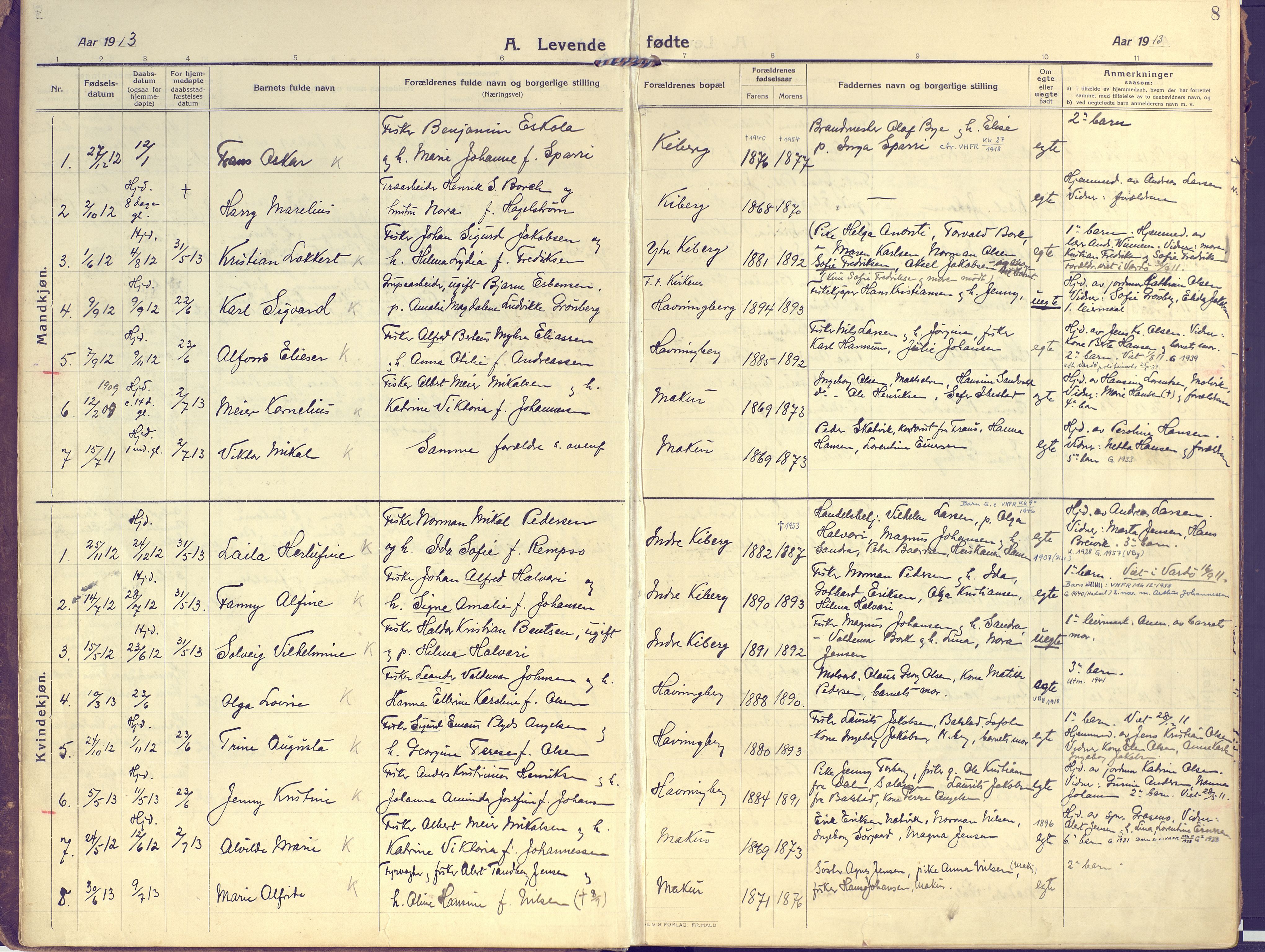 Vardø sokneprestkontor, AV/SATØ-S-1332/H/Ha/L0013kirke: Parish register (official) no. 13, 1912-1928, p. 8