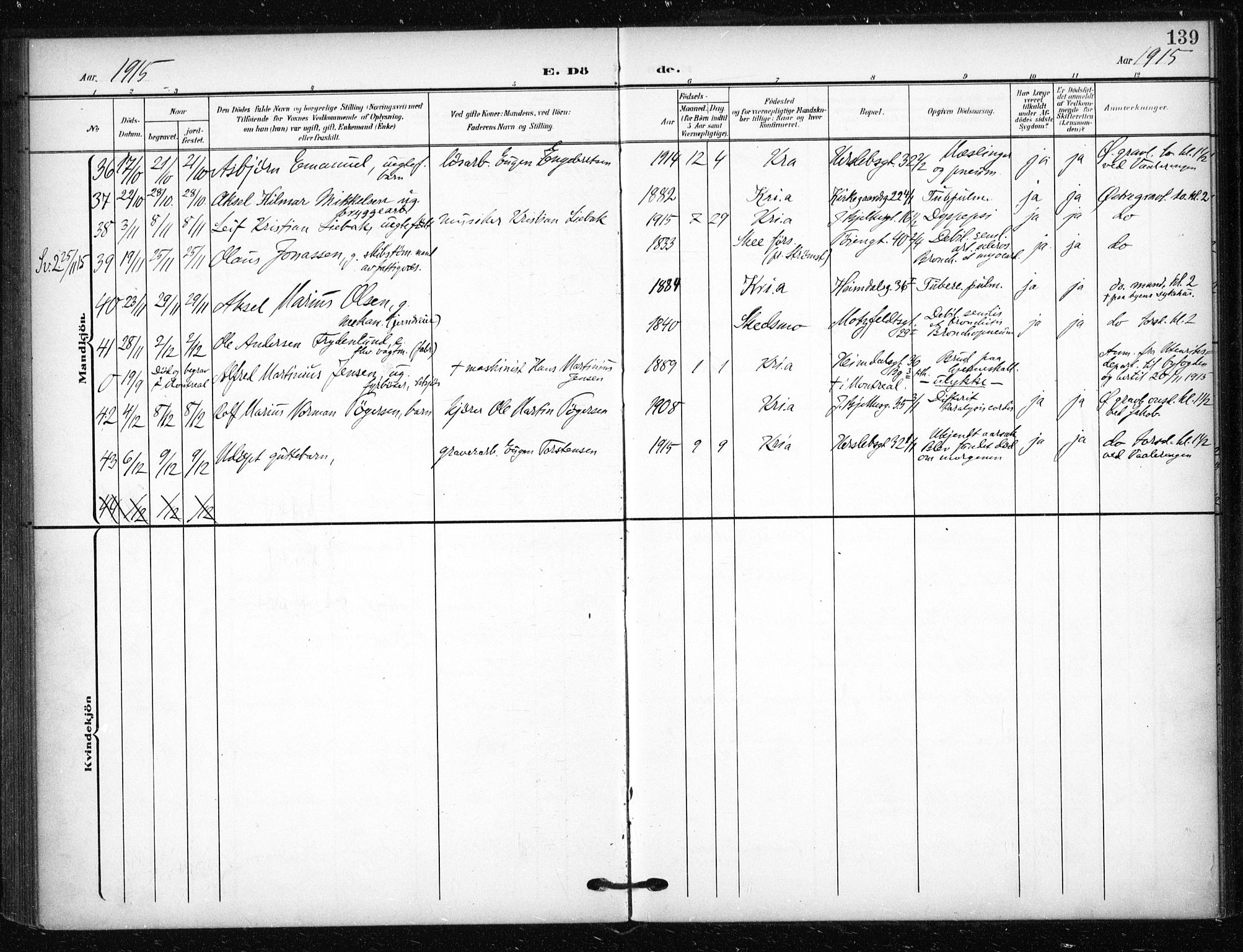 Tøyen prestekontor Kirkebøker, AV/SAO-A-10167a/F/Fa/L0002: Parish register (official) no. I 2, 1907-1916, p. 139