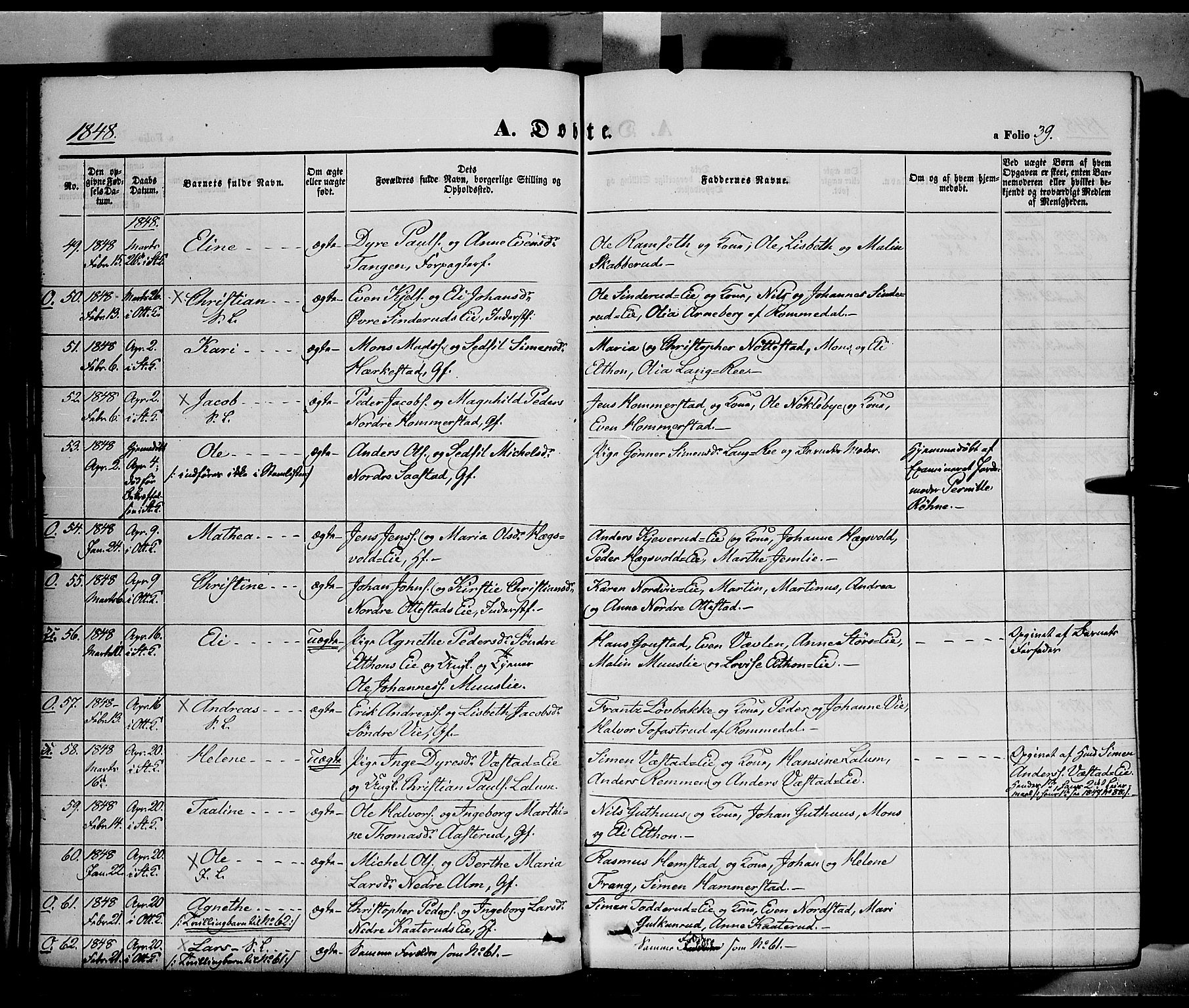 Stange prestekontor, SAH/PREST-002/K/L0011: Parish register (official) no. 11, 1846-1852, p. 39