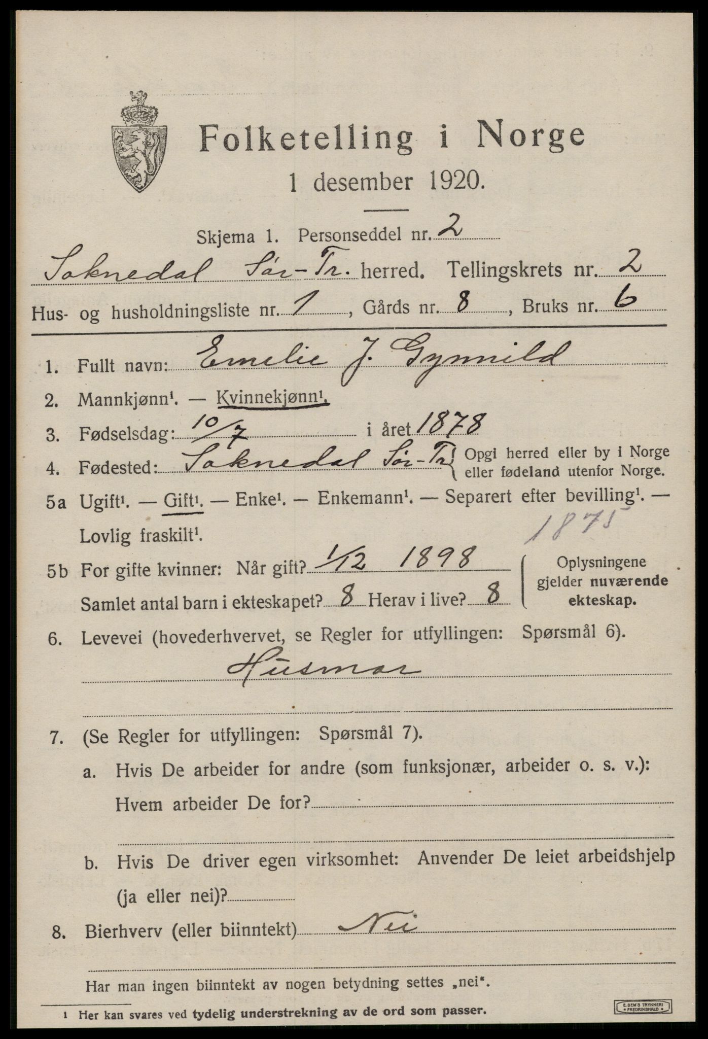 SAT, 1920 census for Soknedal, 1920, p. 1214