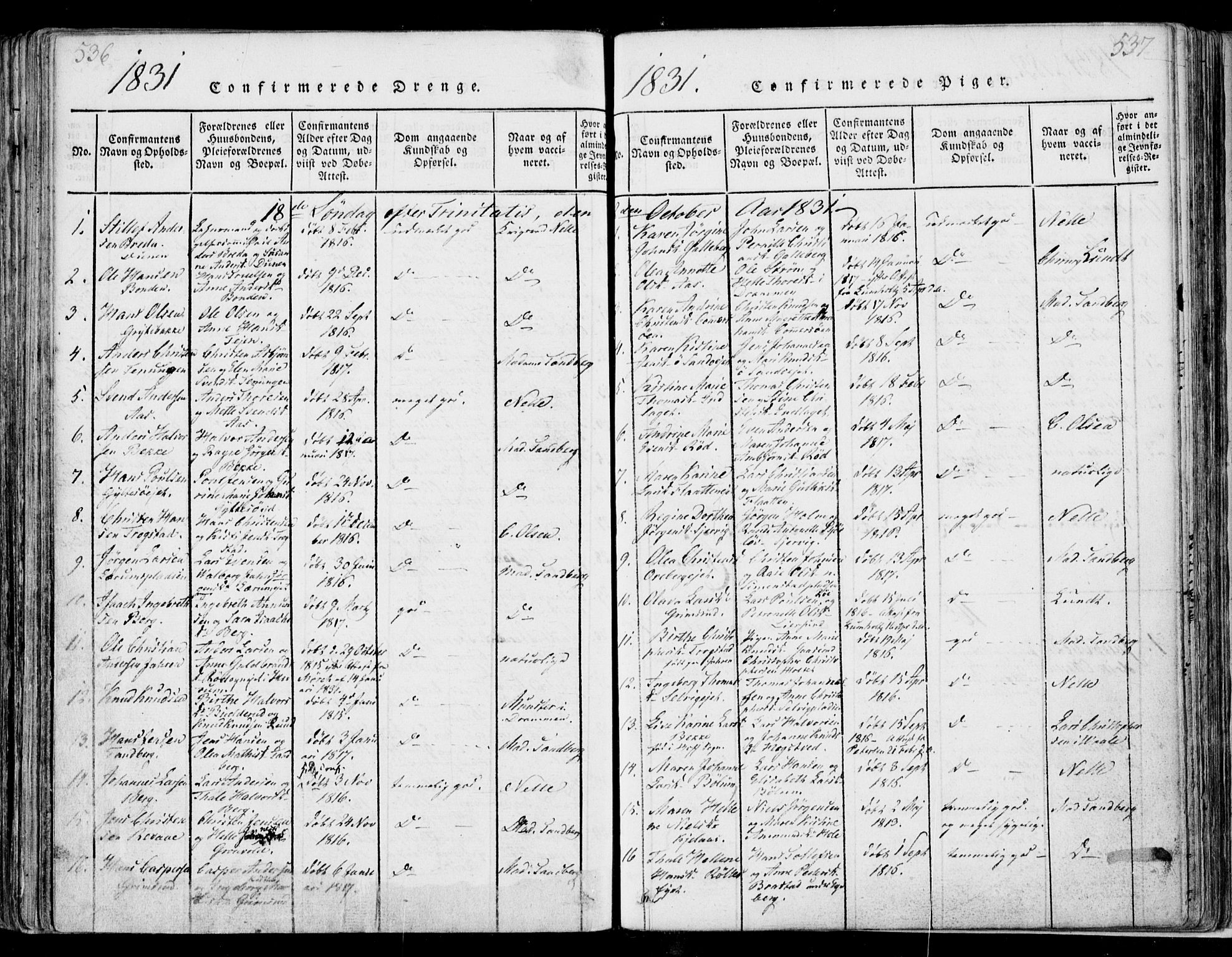 Sande Kirkebøker, AV/SAKO-A-53/F/Fa/L0003: Parish register (official) no. 3, 1814-1847, p. 536-537