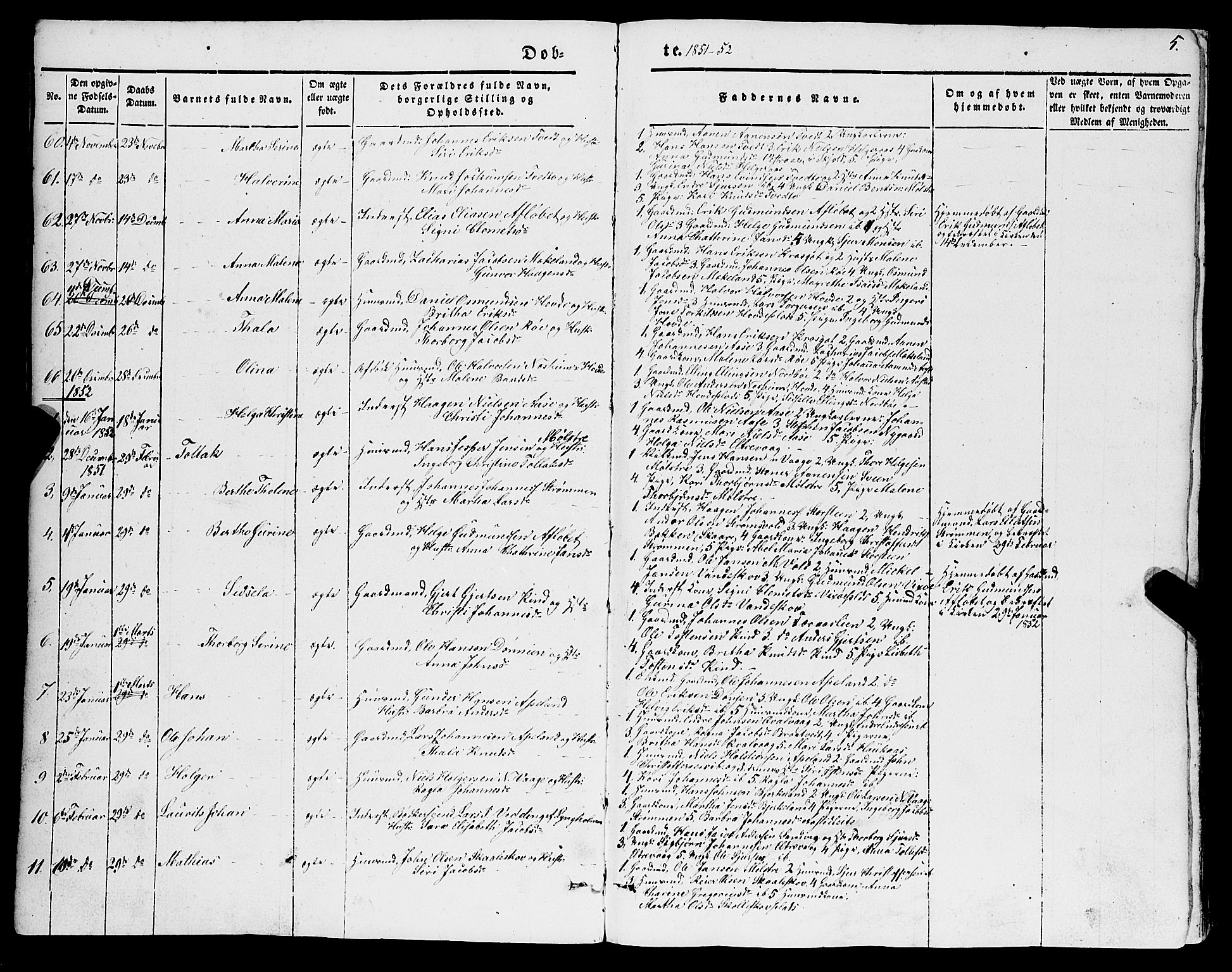 Sveio Sokneprestembete, SAB/A-78501/H/Hab: Parish register (copy) no. A 1, 1851-1865, p. 5