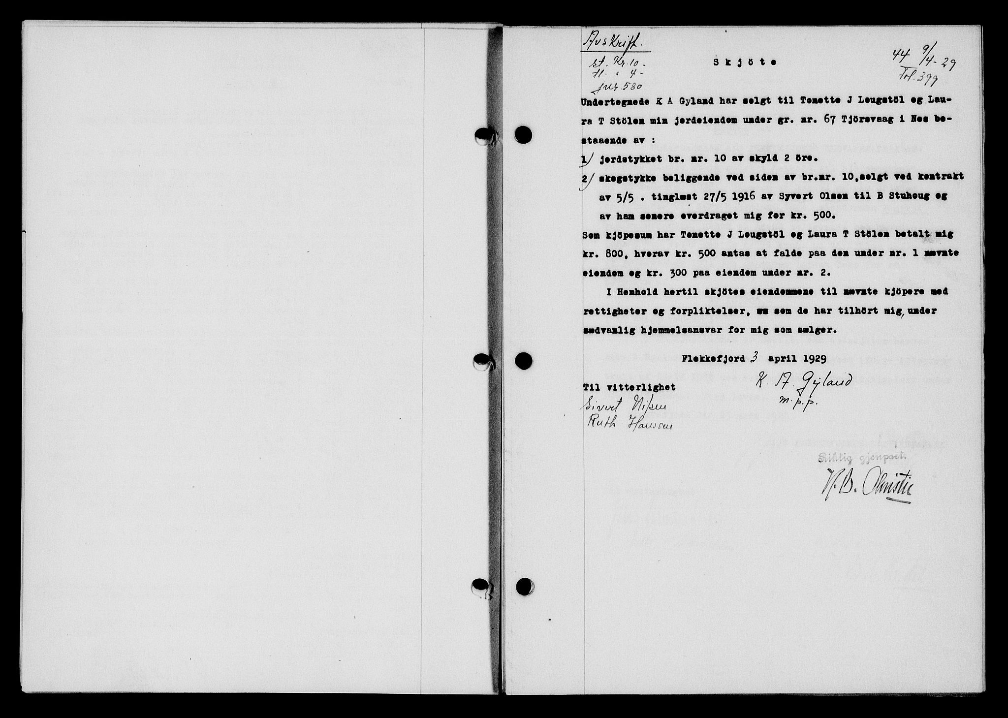 Flekkefjord sorenskriveri, SAK/1221-0001/G/Gb/Gba/L0045: Mortgage book no. 43, 1929-1930, Deed date: 09.04.1929