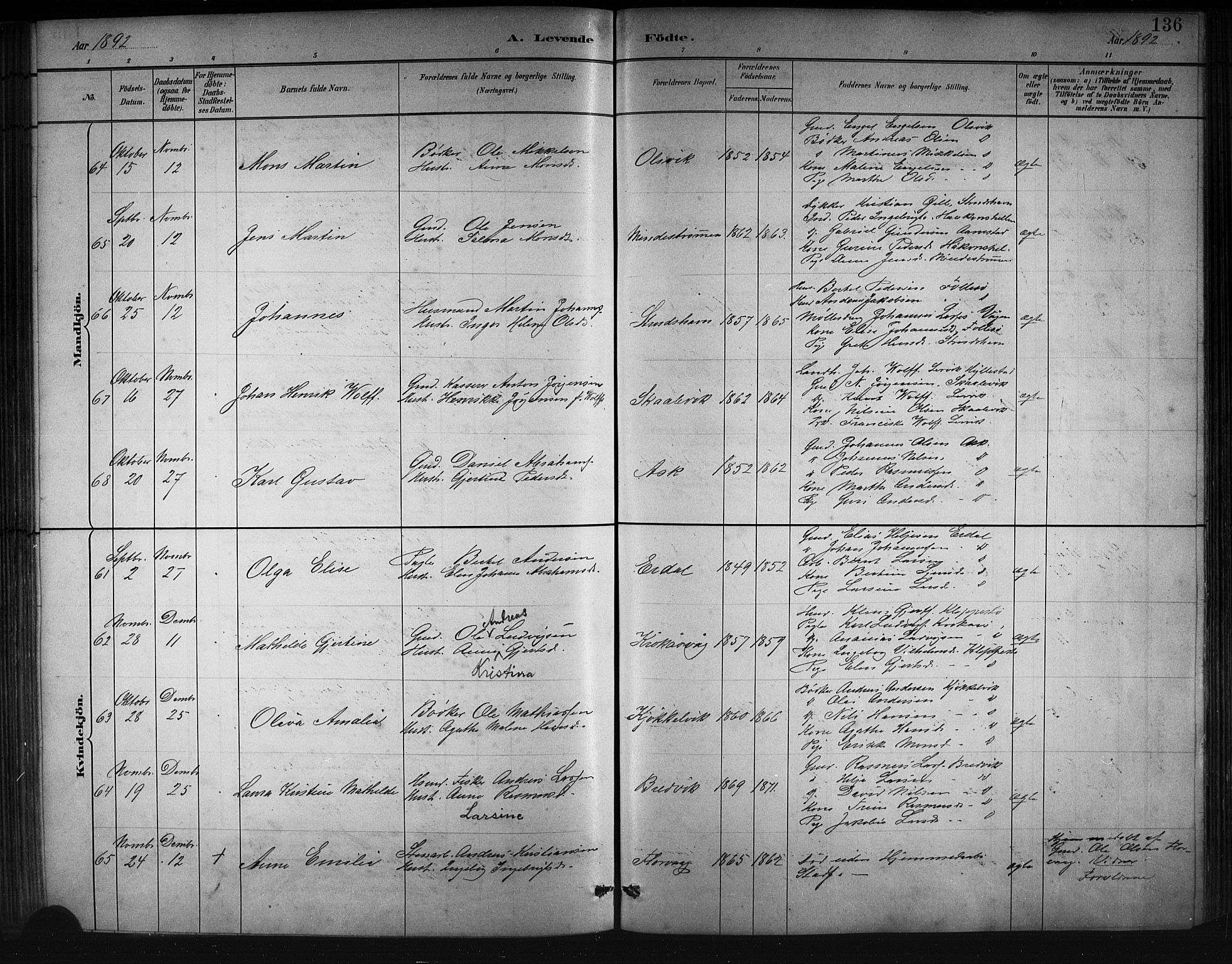 Askøy Sokneprestembete, AV/SAB-A-74101/H/Ha/Hab/Haba/L0008: Parish register (copy) no. A 8, 1882-1893, p. 136