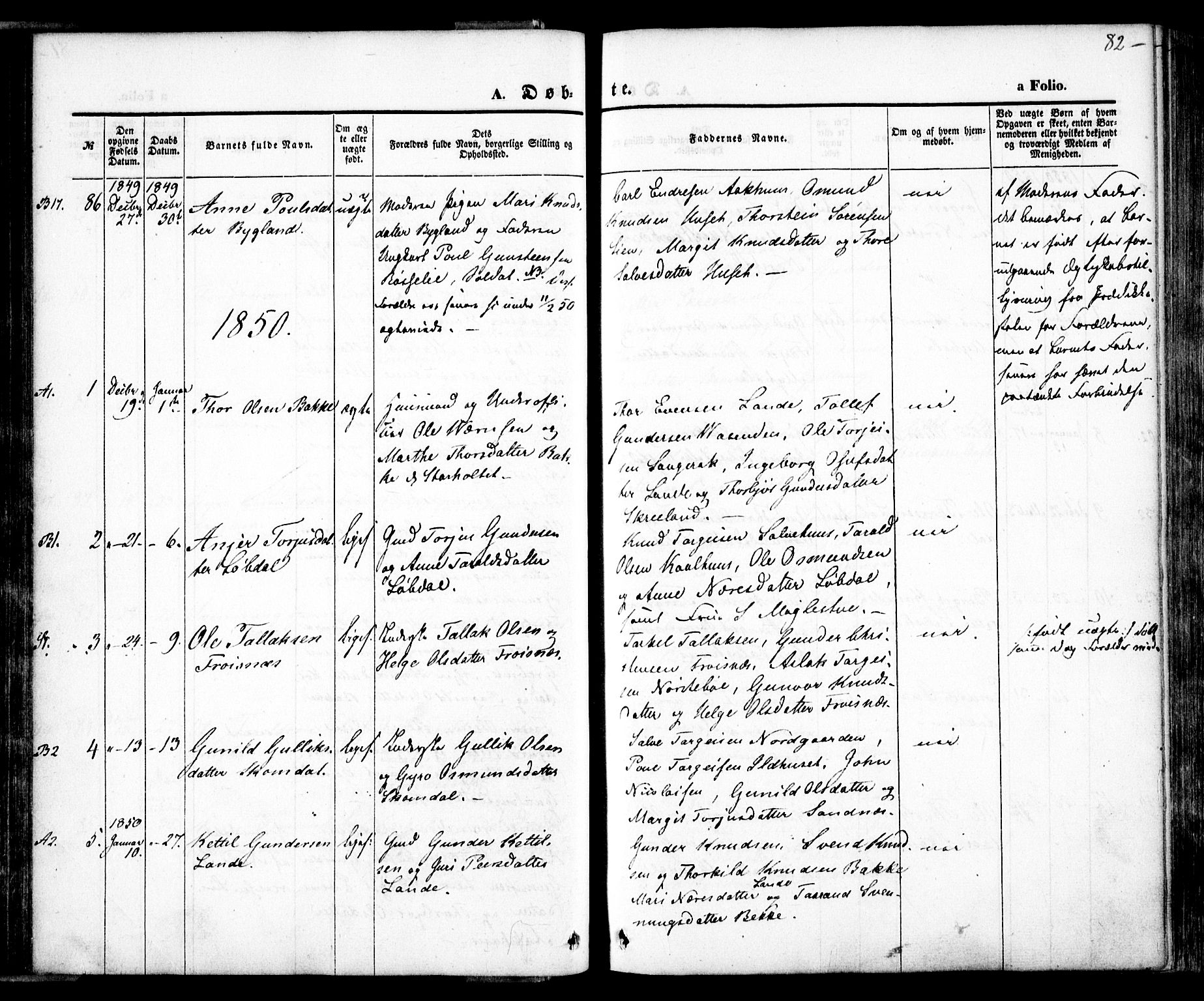 Bygland sokneprestkontor, SAK/1111-0006/F/Fa/Fab/L0004: Parish register (official) no. A 4, 1842-1858, p. 82