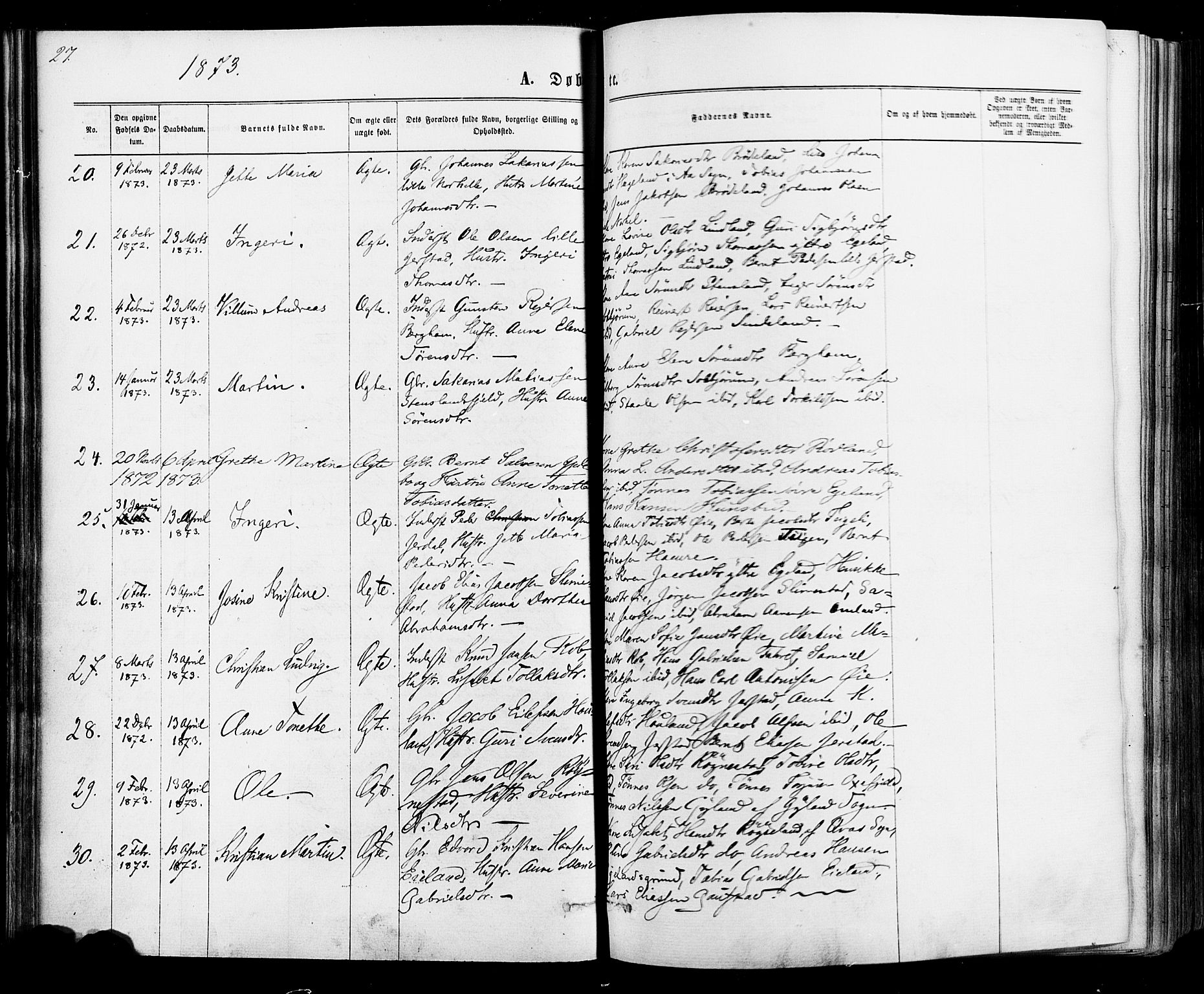 Kvinesdal sokneprestkontor, SAK/1111-0026/F/Fa/Fab/L0007: Parish register (official) no. A 7, 1870-1885, p. 27