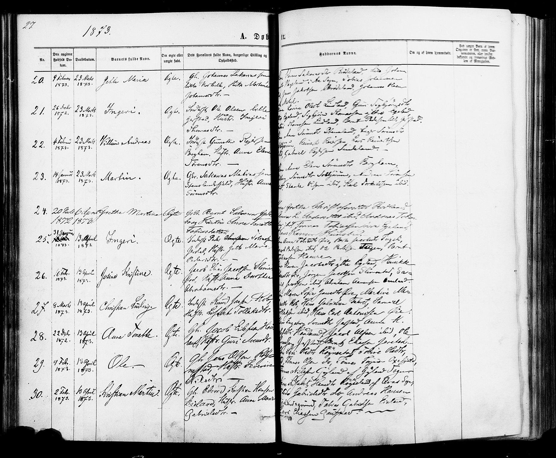 Kvinesdal sokneprestkontor, AV/SAK-1111-0026/F/Fa/Fab/L0007: Parish register (official) no. A 7, 1870-1885, p. 27