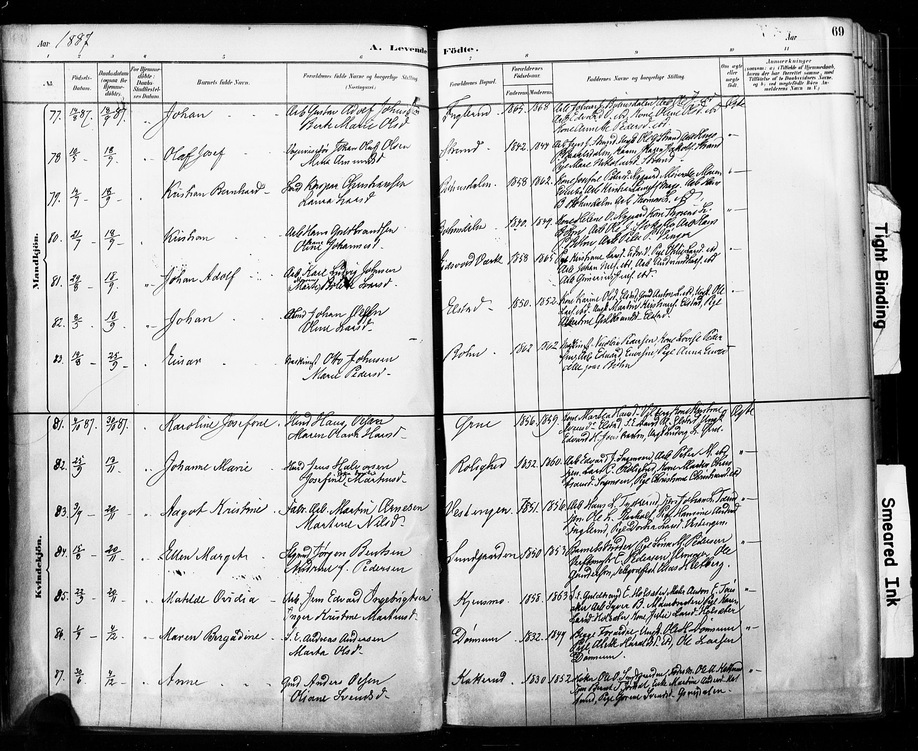 Eidsvoll prestekontor Kirkebøker, SAO/A-10888/F/Fa/L0002: Parish register (official) no. I 2, 1882-1895, p. 69