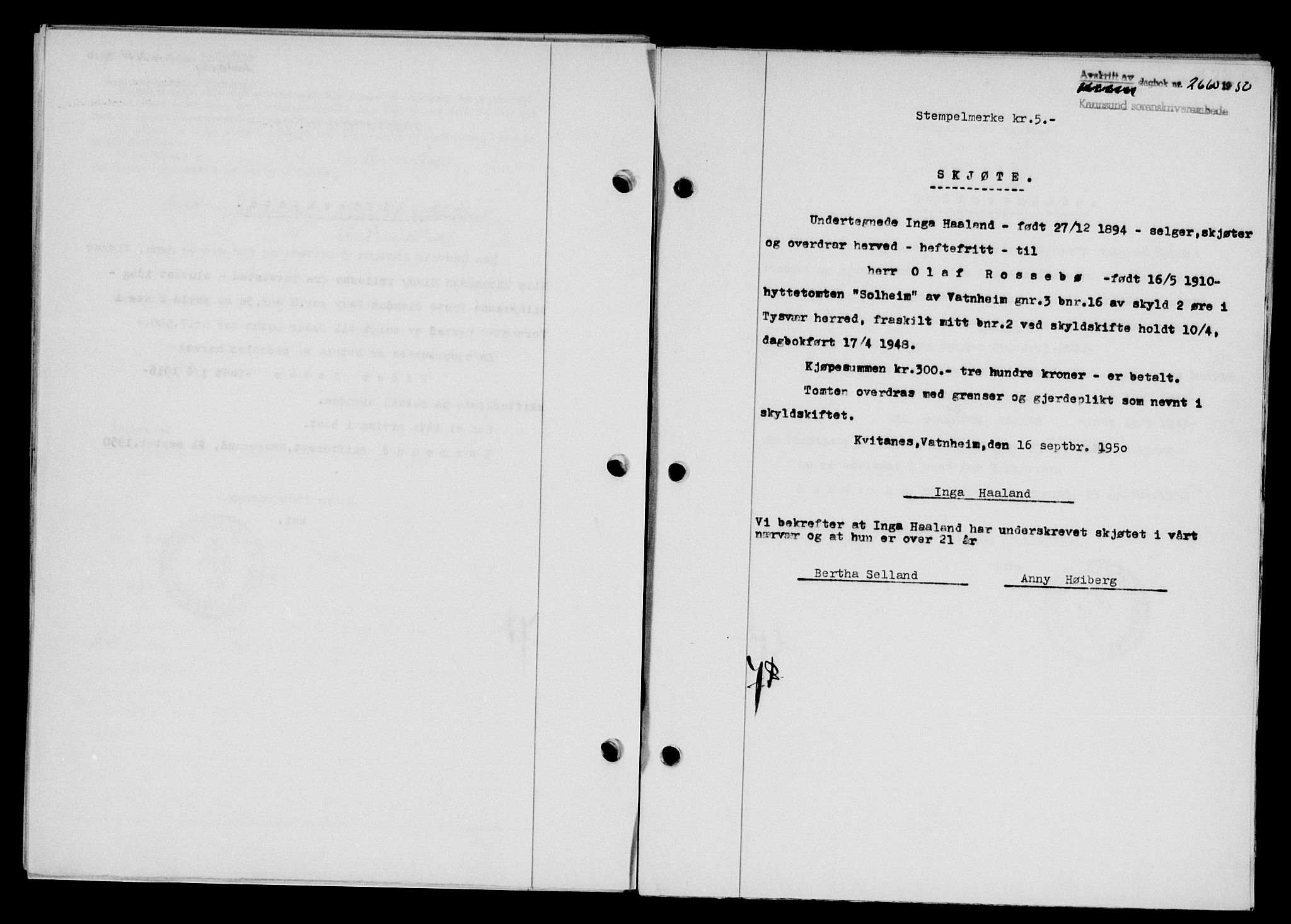 Karmsund sorenskriveri, AV/SAST-A-100311/01/II/IIB/L0101: Mortgage book no. 81A, 1950-1951, Diary no: : 2660/1950