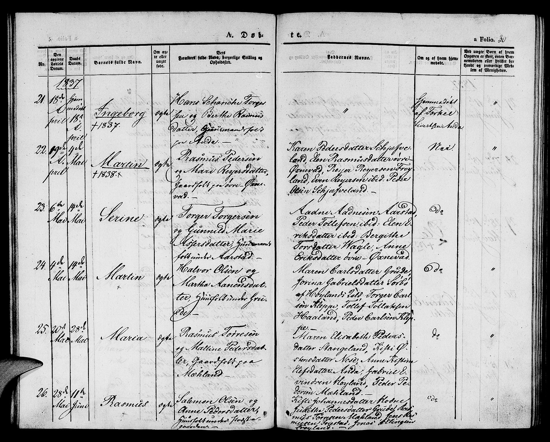 Klepp sokneprestkontor, SAST/A-101803/001/3/30BA/L0003: Parish register (official) no. A 3, 1833-1842, p. 30