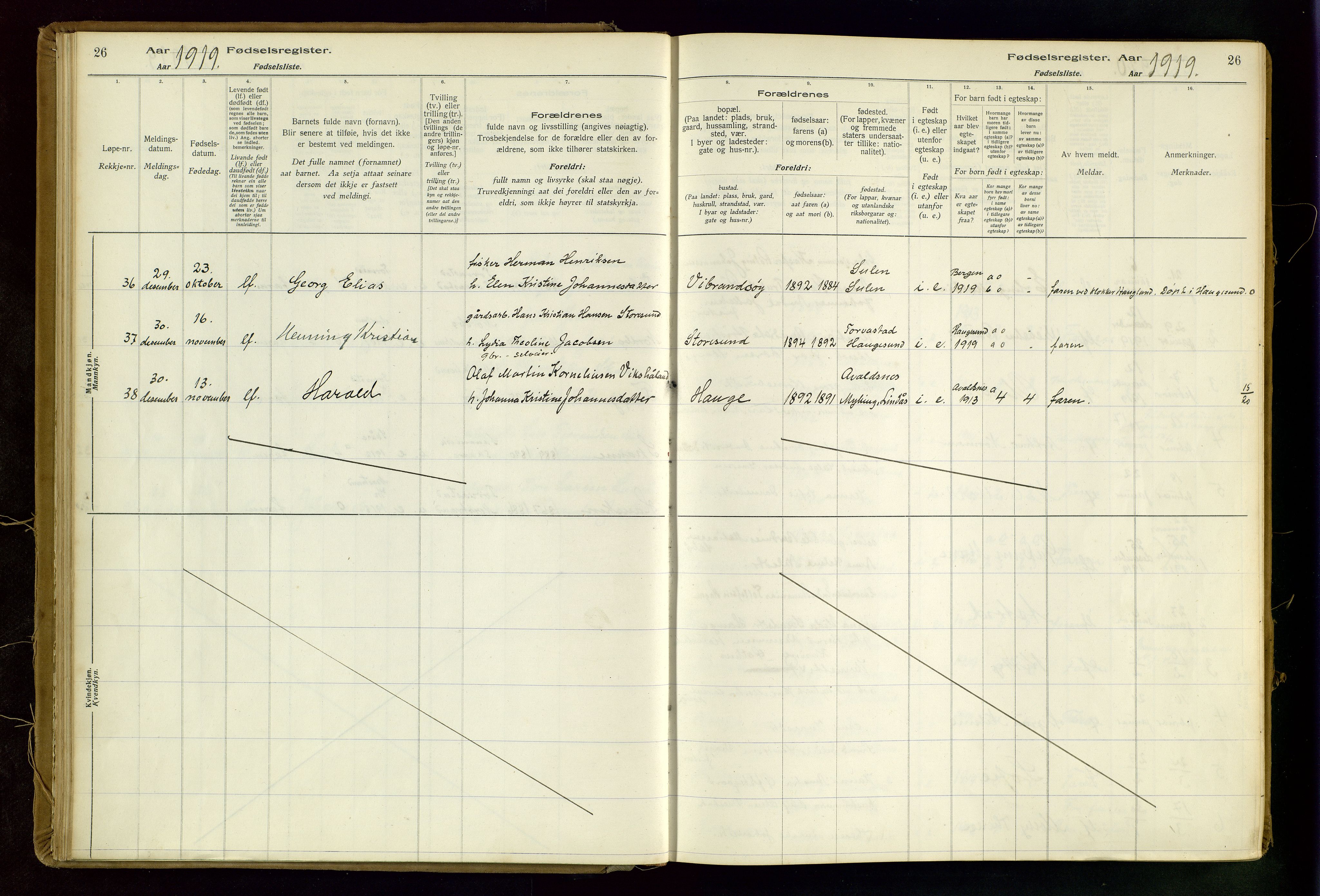 Torvastad sokneprestkontor, SAST/A -101857/I/Id/L0002: Birth register no. 2, 1916-1950, p. 26